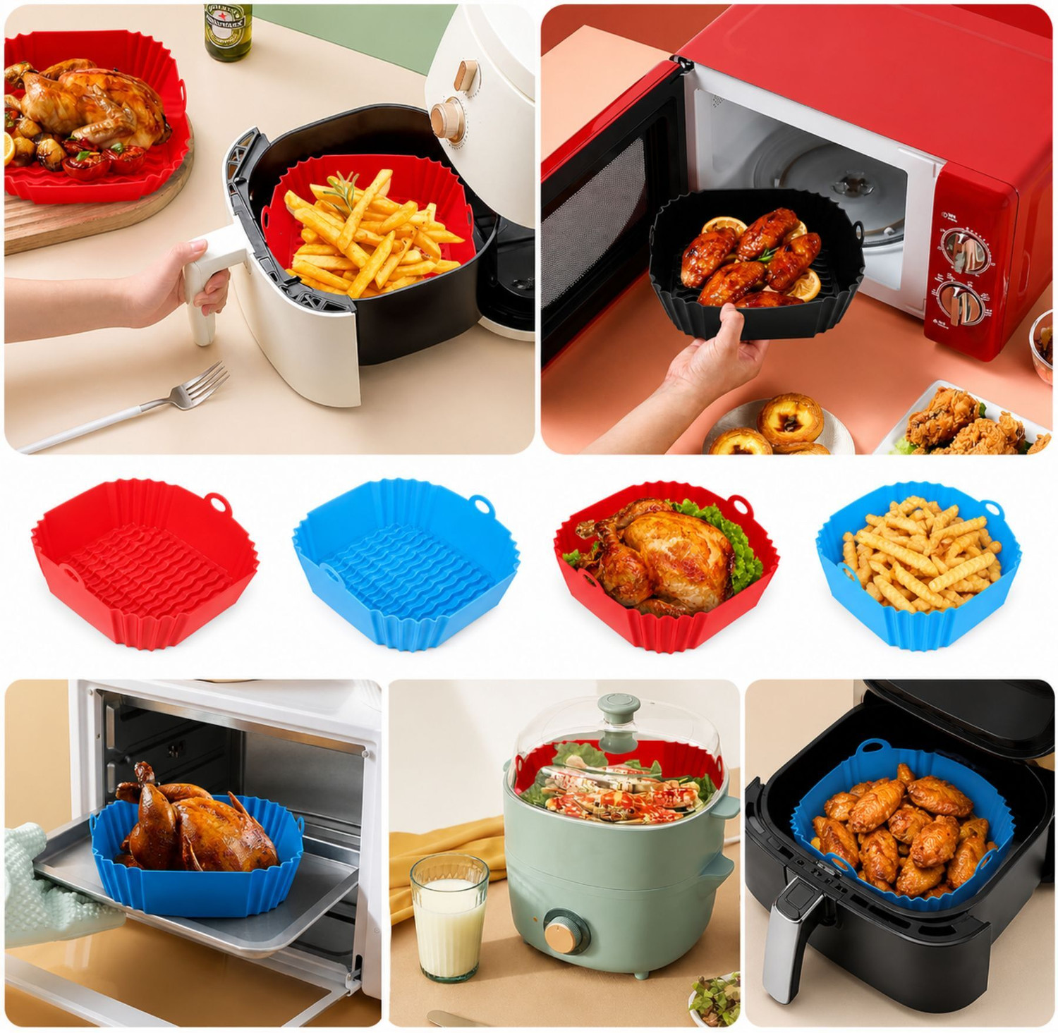 Image of RHHG E COM Silicone Cupcake /Muffin Mould Air Fryer Liners Square Silicone Basket Baking Tray I Pot with Ear Handles I Nonstick Reusable Heat Resistant I Cooking Oven Insert Accessories * Multicolor *(7 inch, Pack of 2)