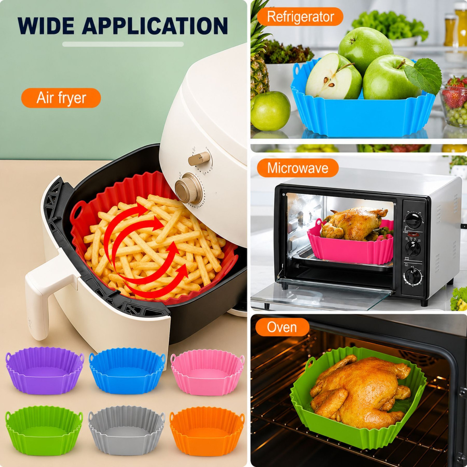 Image of RHHG E COM Silicone Cupcake /Muffin Mould Air Fryer Liners Square Silicone Basket Baking Tray I Pot with Ear Handles I Nonstick Reusable Heat Resistant I Cooking Oven Insert Accessories * Multicolor *(7 inch, Pack of 2)