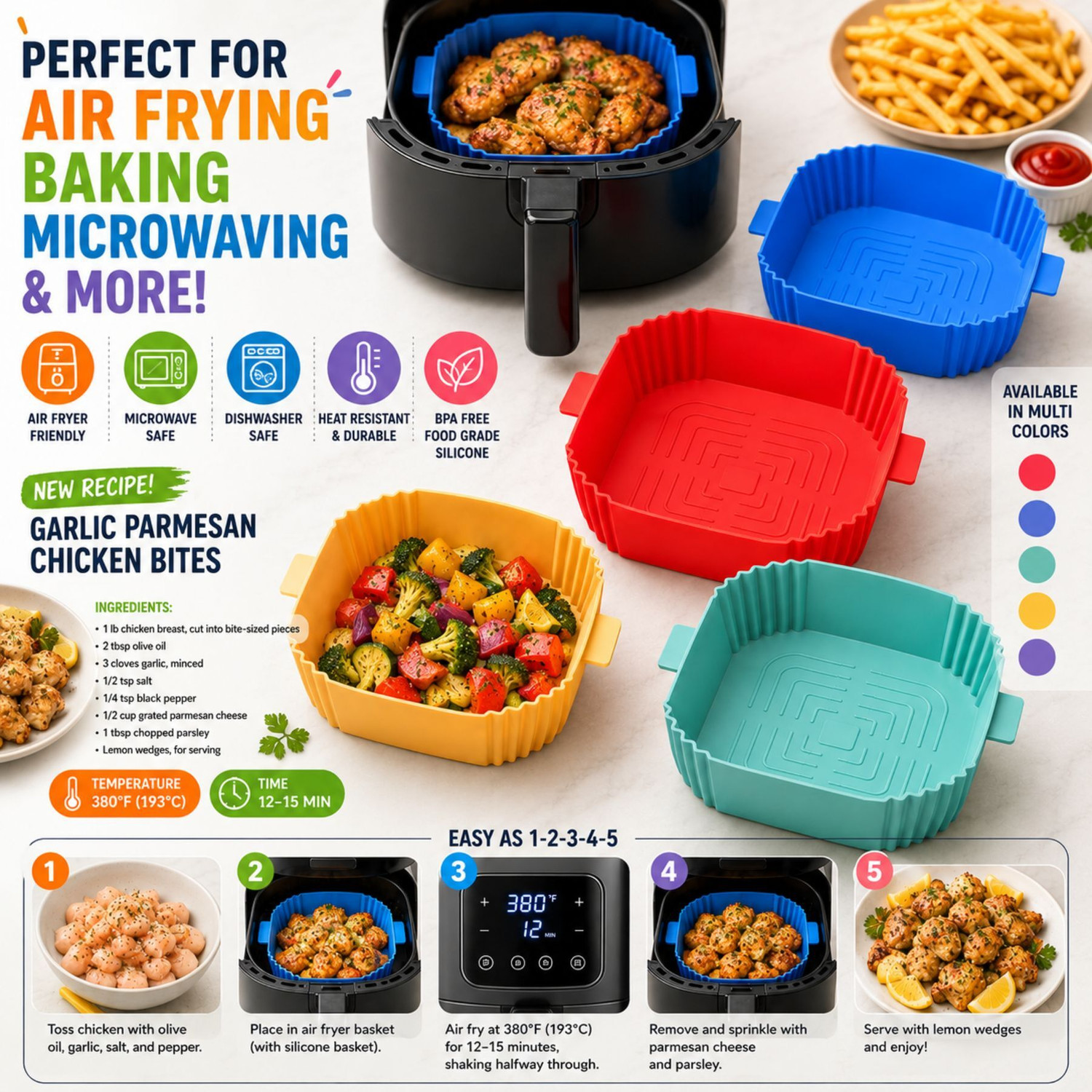 Image of RHHG E COM Silicone Cupcake /Muffin Mould Air Fryer Liners Square Silicone Basket Baking Tray I Pot with Ear Handles I Nonstick Reusable Heat Resistant I Cooking Oven Insert Accessories * Multicolor *(7 inch, Pack of 2)