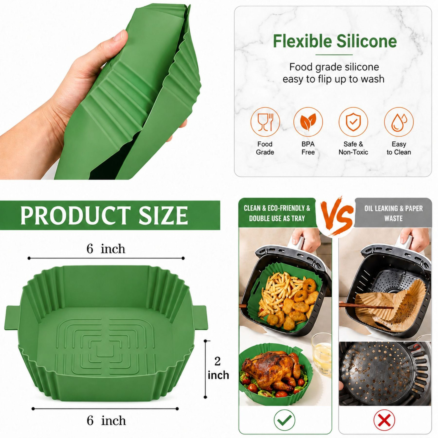 Image of RHHG E COM Silicone Cupcake /Muffin Mould Air Fryer Liners Square Silicone Basket Baking Tray I Pot with Ear Handles I Nonstick Reusable Heat Resistant I Cooking Oven Insert Accessories * Multicolor *(7 inch, Pack of 2)