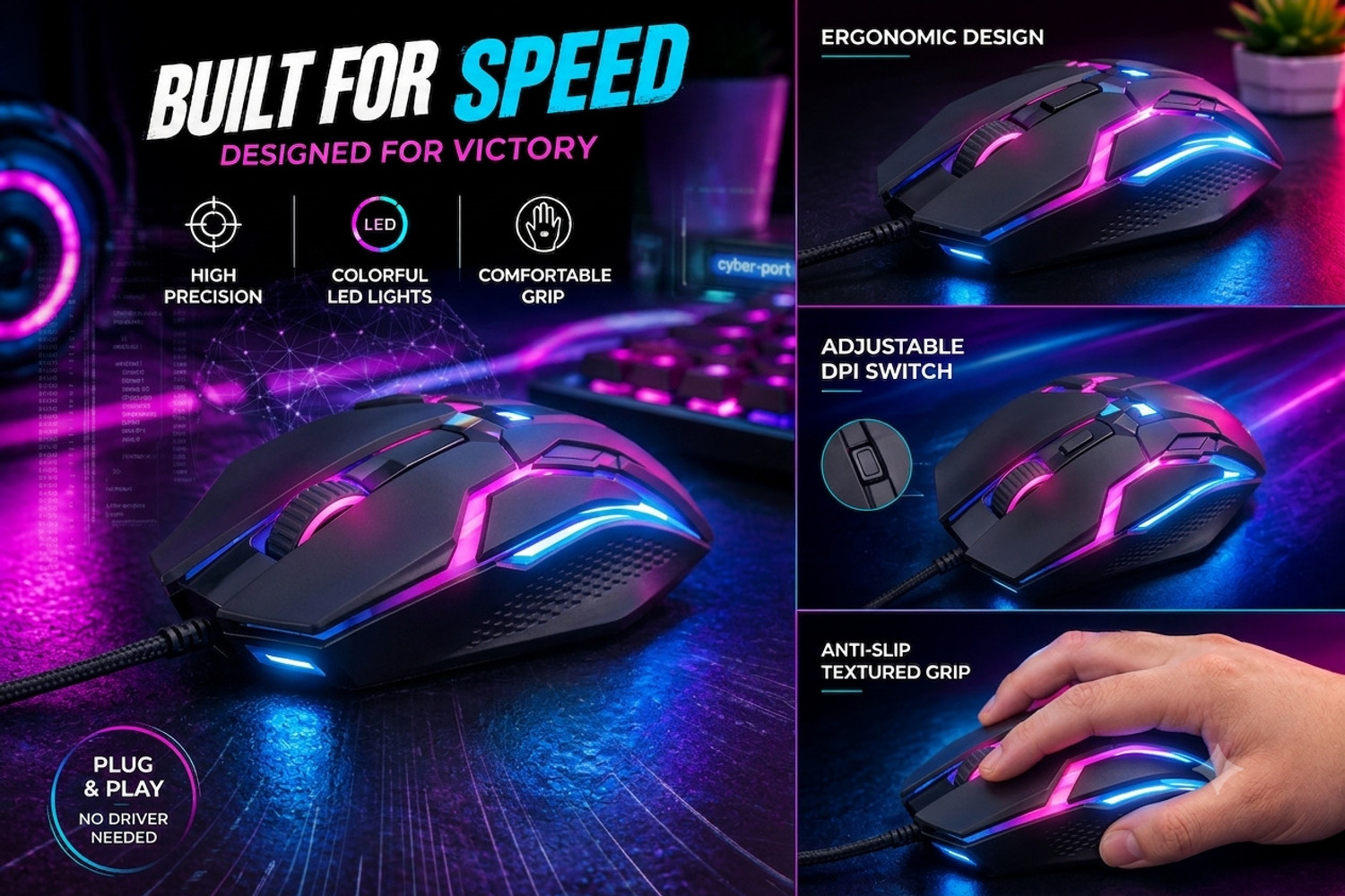 Image of ABC RGB Wired Gaming Mouse with Free Shortcut Key Mouse Pad | USB Optical Mouse Wired Right Handed Optical Gaming Mouse (USB 2.0, USB 3.0, Black)