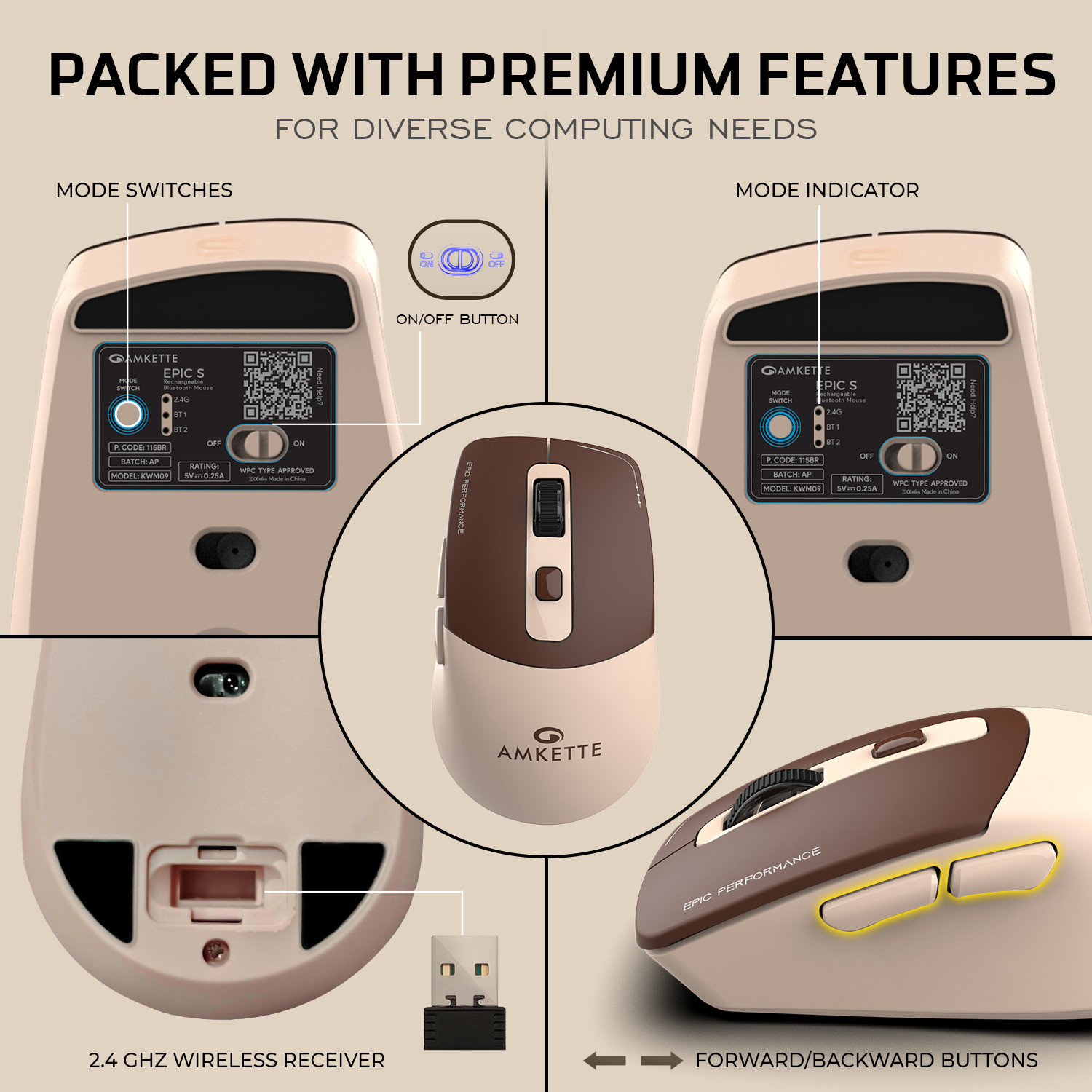 Image of AMKETTE Epic S Multi-Device 3200 DPI Rechargeable Ergonomic Optical Mouse