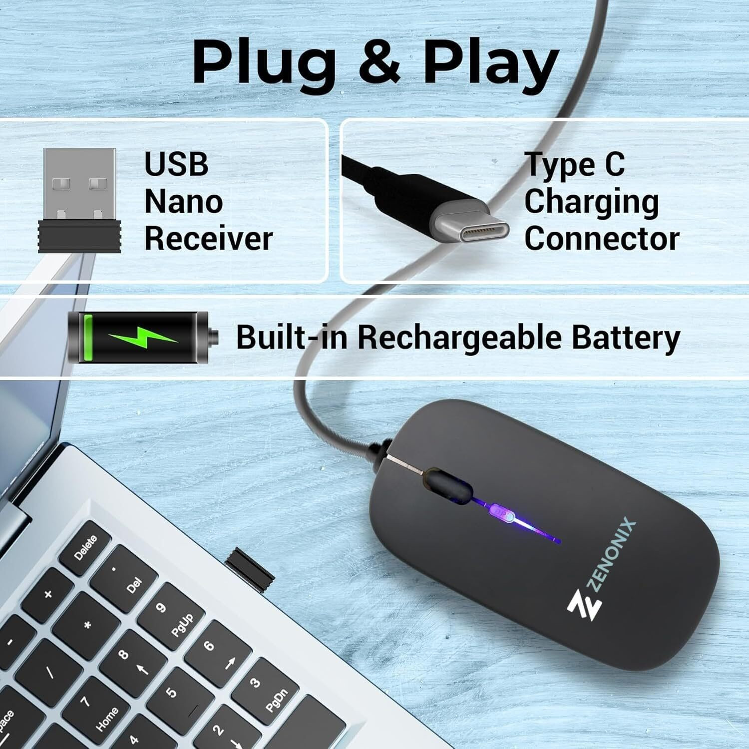 Image of ZENONIX Zen-Slim Wireless Mouse with Rechargeable Battery, BT + 2.4GHz, 4 Buttons Right Handed Hybrid Gaming Mouse