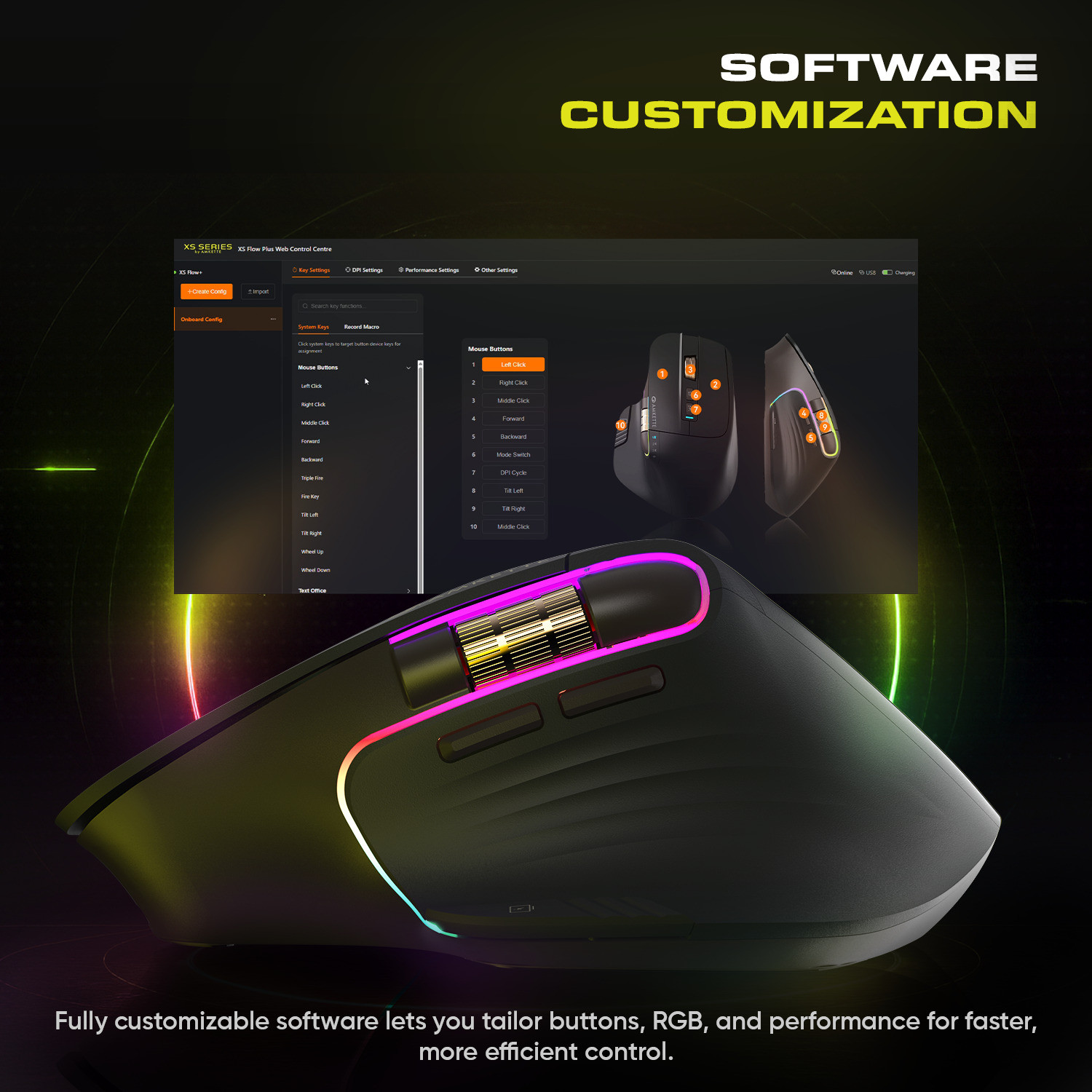 Image of AMKETTE XS Series Flow Plus Programmable Multi-Device 6400 DPI Rechargeable Ergonomic Optical Mouse