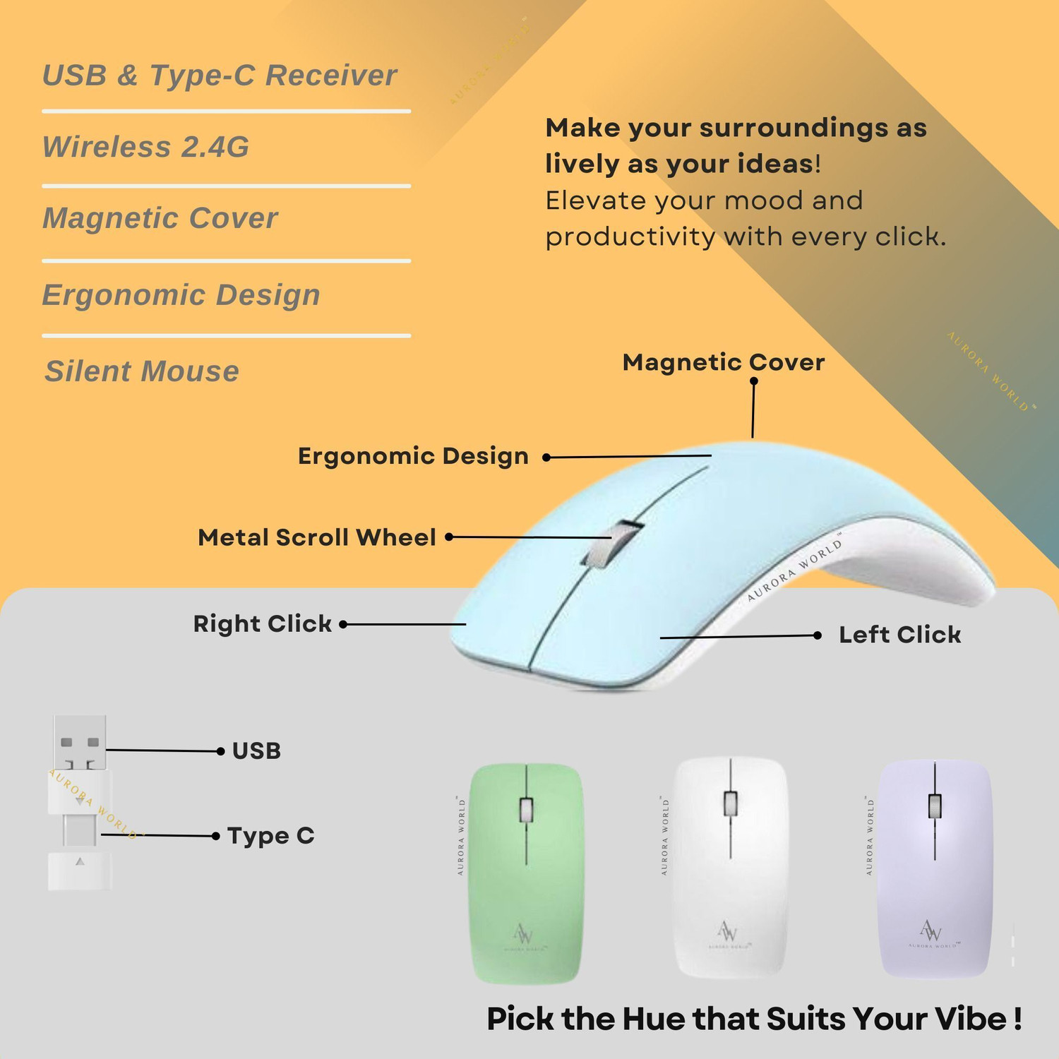 Image of Aurora World Curve Wireless Mouse with USB-A & USB-C -1026 Ergonomic Optical Mouse (2.4GHz Wireless, Blue)