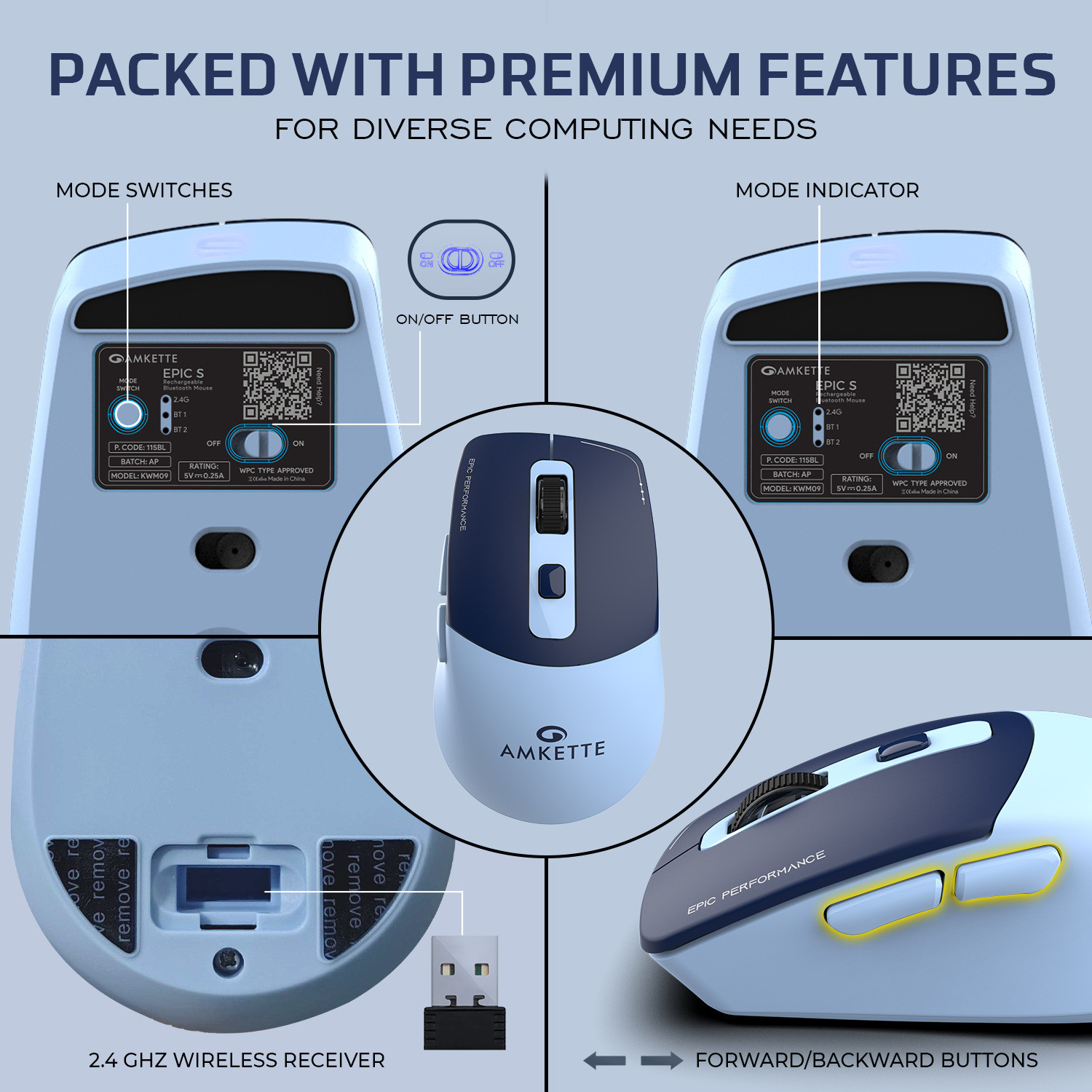 Image of AMKETTE Epic S Multi-Device 3200 DPI Rechargeable Ergonomic Optical Mouse