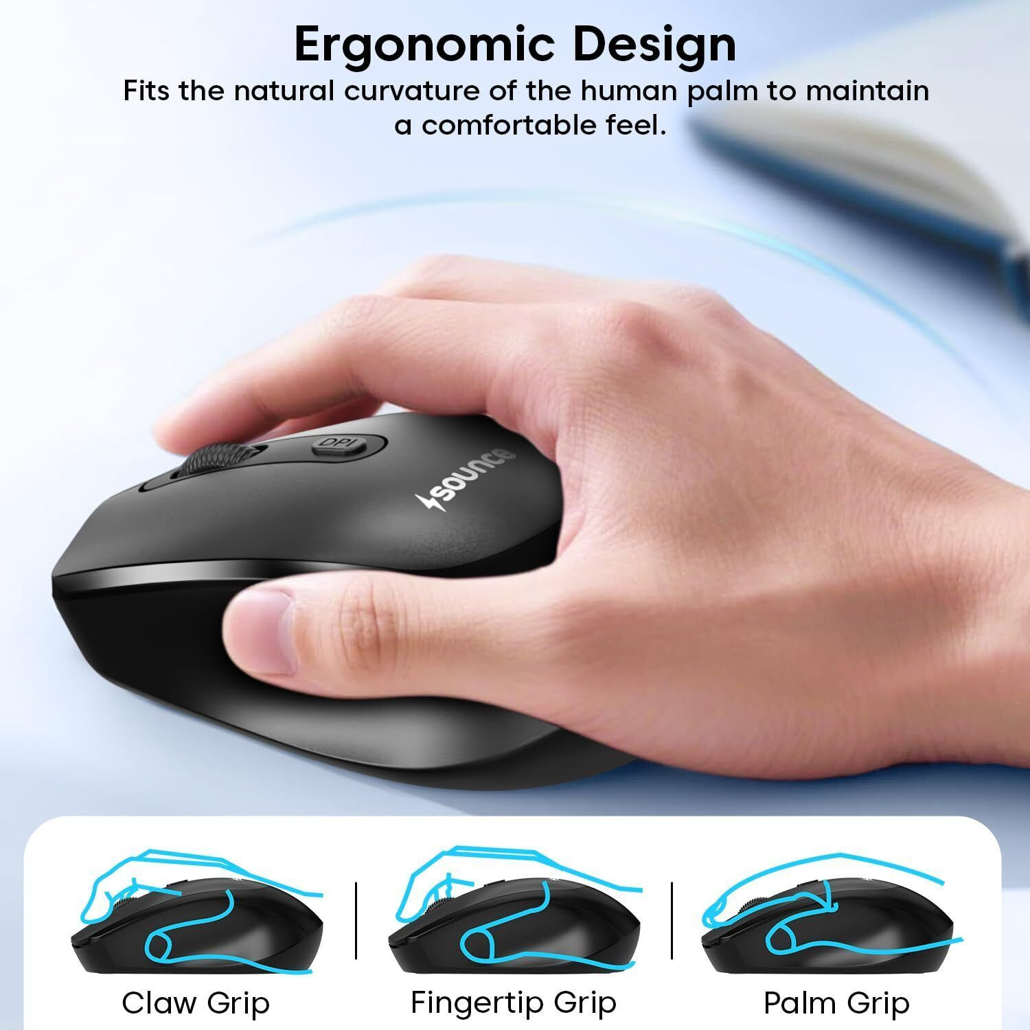Image of sounce Quantum | SNC-TOD23WLOPTCLMICEBLK Ergonomic Optical Gaming Mouse with 1600 DPI Precision Sensor, Silent Click Buttons, Smooth Scroll Wheel,500mAh Rechargeable Battery for Office Use With Bluetooth