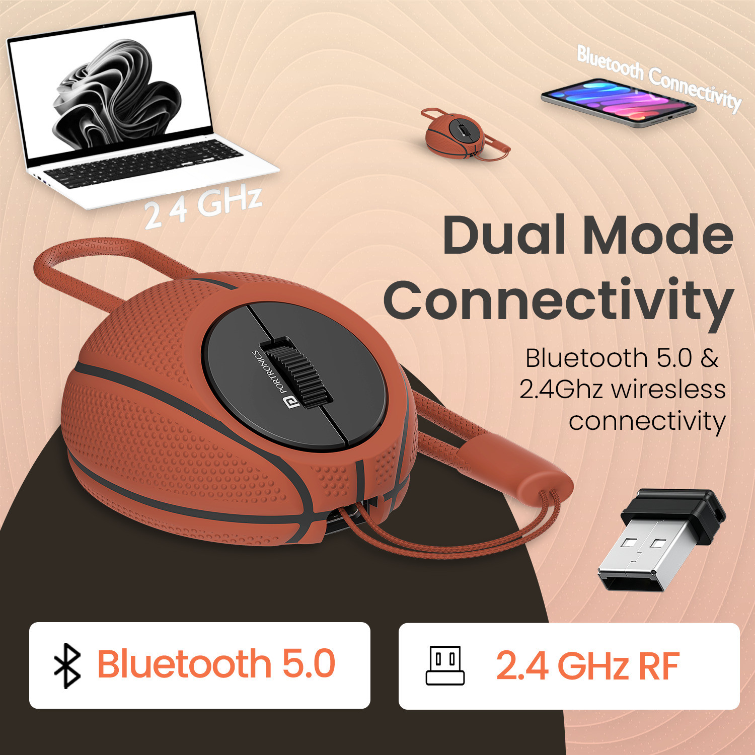 Image of Portronics ToadPlay Basketball Mini Wireless Mouse, Dual Wireless Connectivity,Rechargeable Ergonomic Optical Mouse
