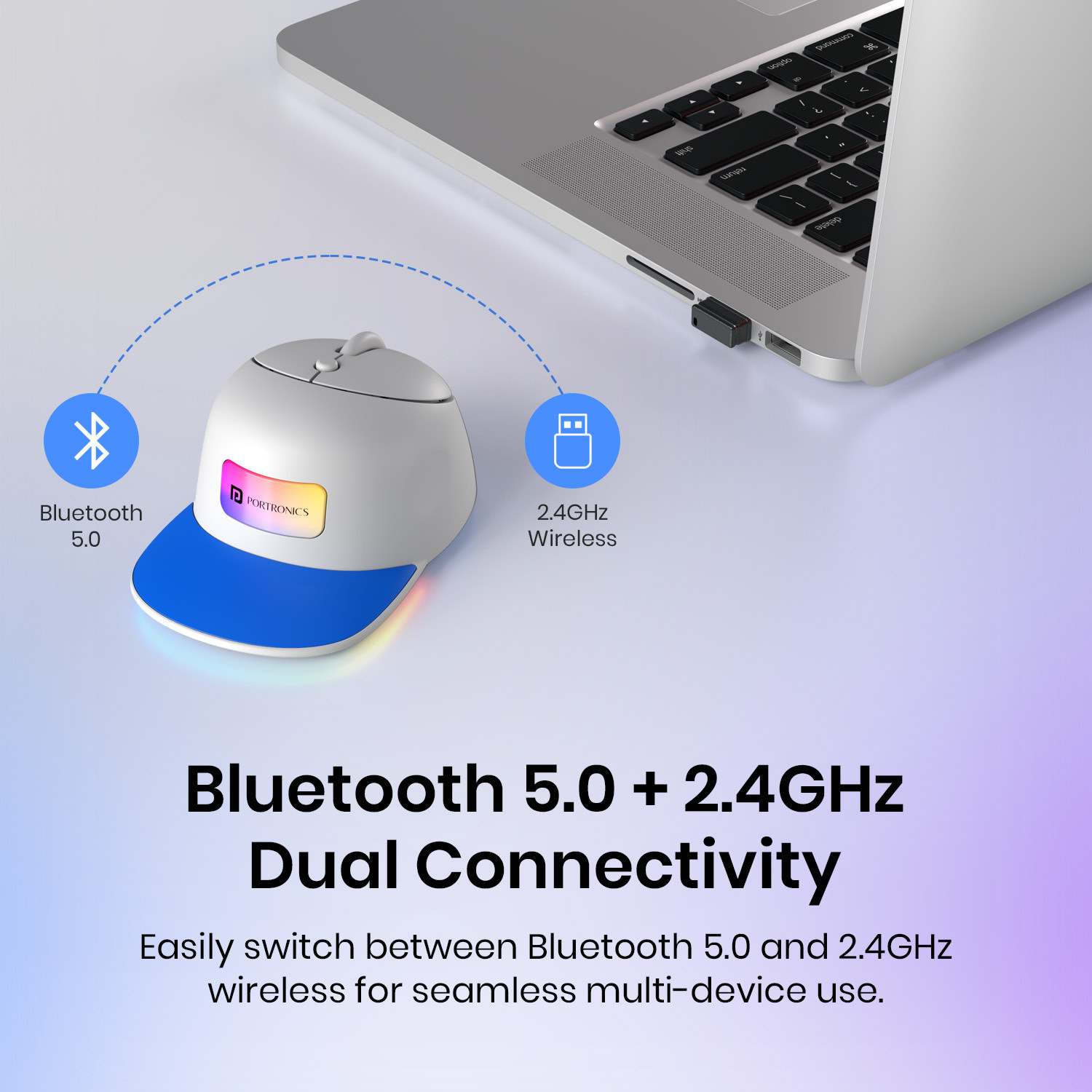 Image of Portronics Toad Cap Wireless Mouse with Bluetooth 5.0 + 2.4GHz Dual Mode & RGB Ambidextrous Optical Mouse