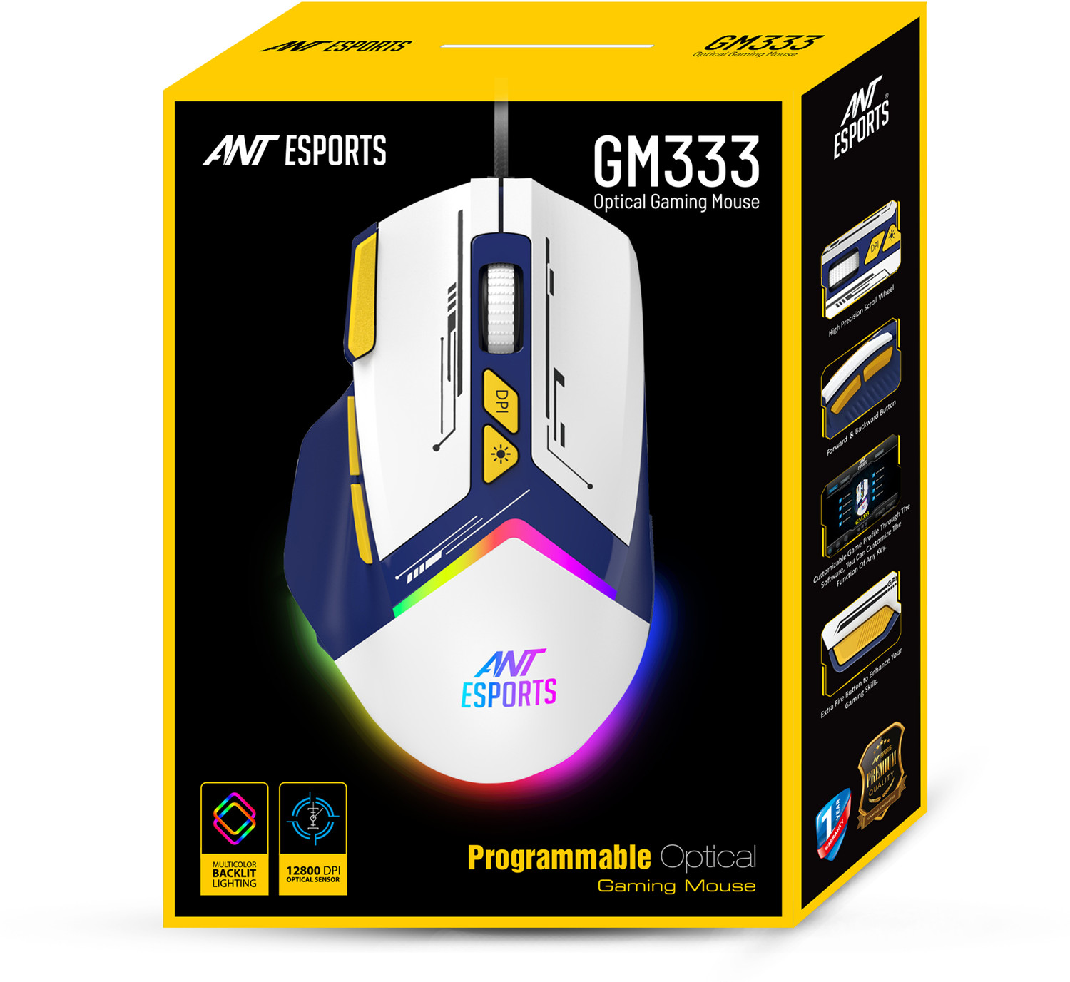 Image of Ant Esports GM333 Wired Ergonomic Optical Gaming Mouse RGB 12800 DPI,1.5M Braided Cable