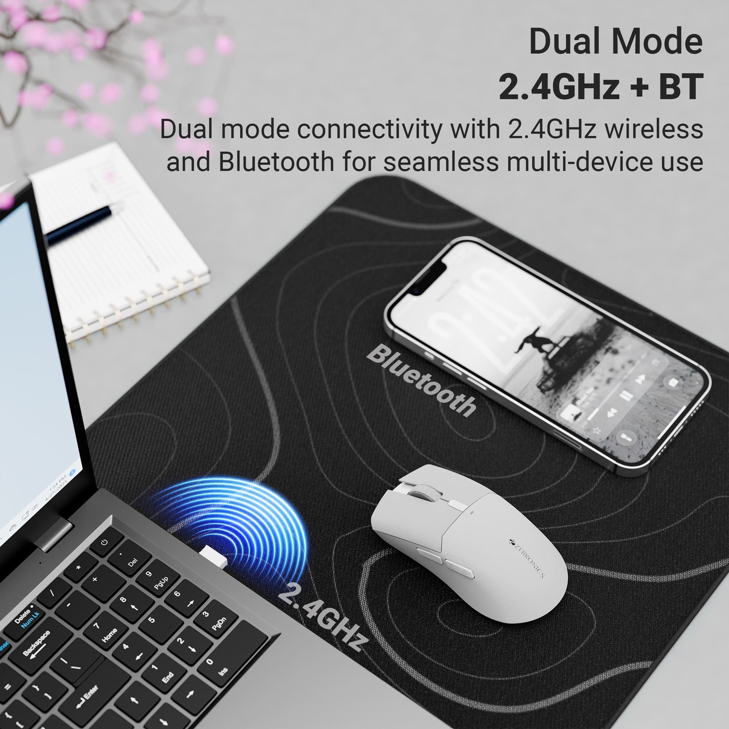 Image of ZEBRONICS Blanc 100 Ergonomic Optical Mouse Rechargeable, 2400 DPI, 6 Buttons, Type-C Charging, USB Dongle