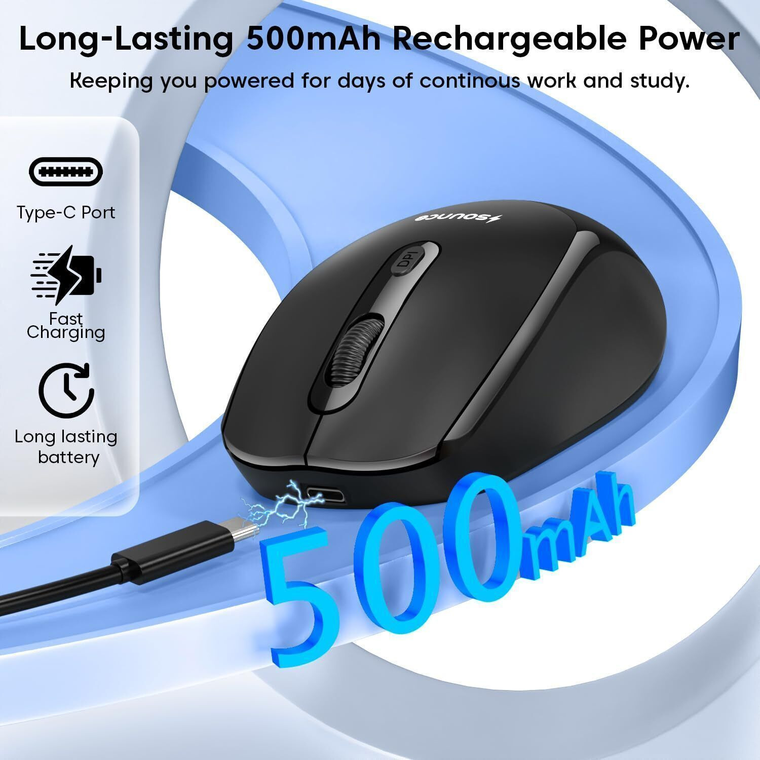 Image of sounce Quantum | SNC-TOD23WLOPTCLMICEBLK Ergonomic Optical Gaming Mouse with 1600 DPI Precision Sensor, Silent Click Buttons, Smooth Scroll Wheel,500mAh Rechargeable Battery for Office Use With Bluetooth