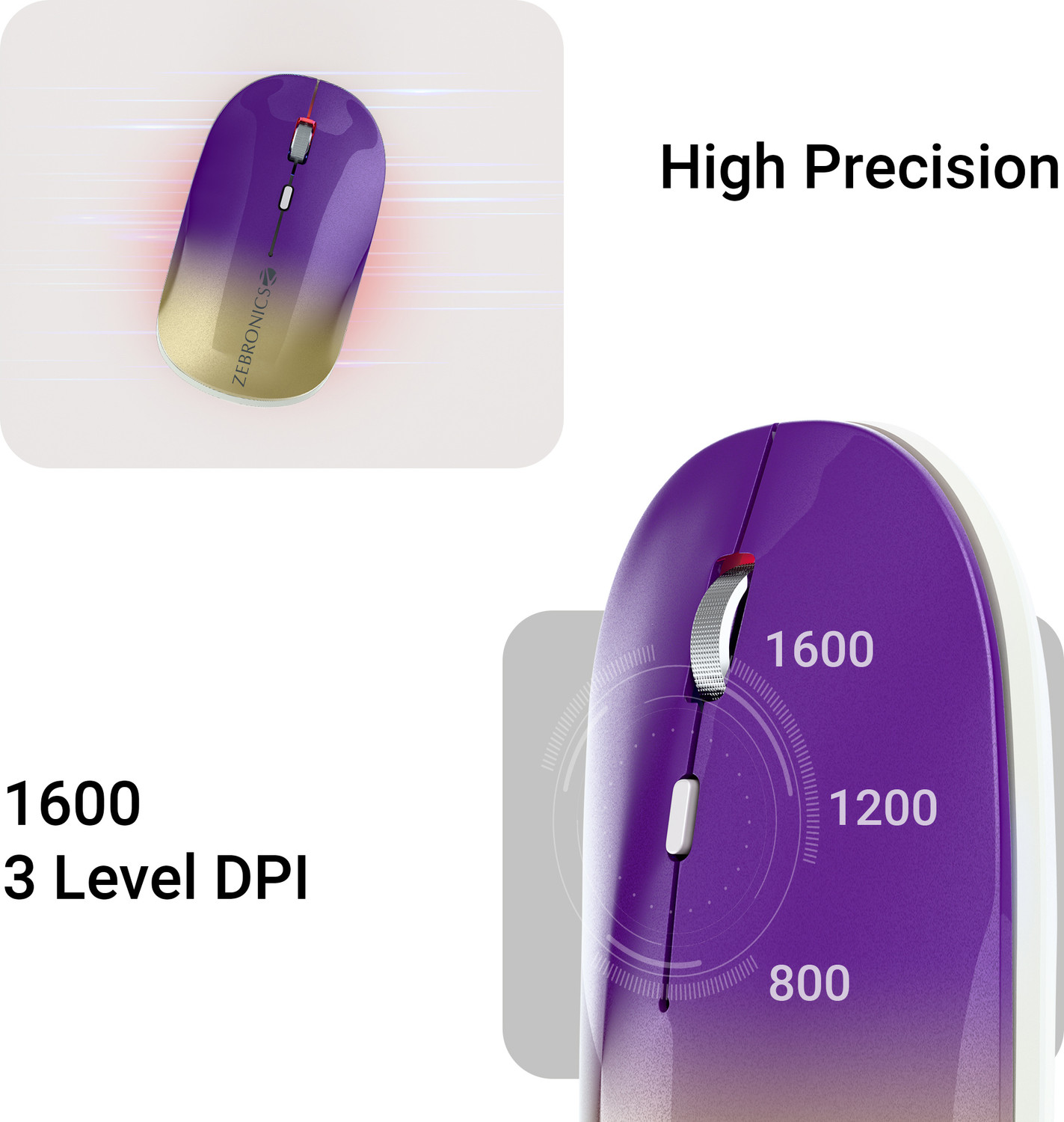 Image of ZEBRONICS Poise Ambidextrous Optical Mouse Rechargeable Wireless Mouse ,1600DPI, Silent Ergonomic, 4 Buttons