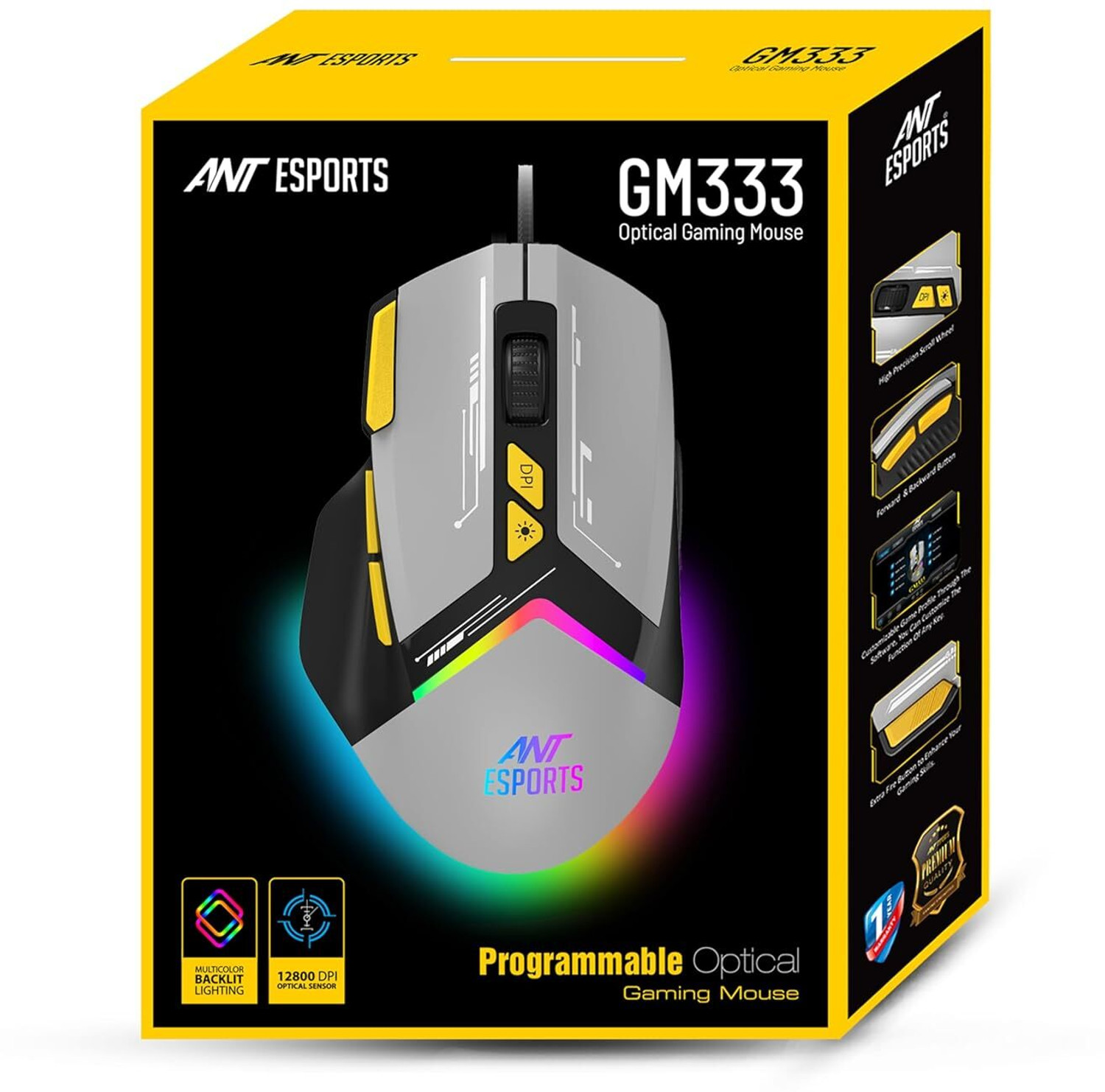 Image of Ant Esports GM333 Wired Ergonomic Optical Gaming Mouse RGB 12800 DPI,1.5M Braided Cable