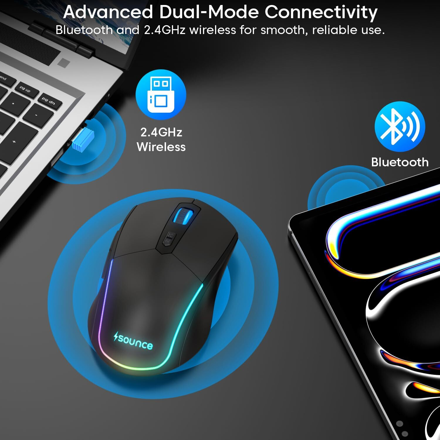 Image of sounce LogicOne | SNC-WRLSMUS-RGBBLK Ergonomic Optical Gaming Mouse RGB with 4000 DPI Sensor,Bluetooth 5.3, Silent 6 Button, 500mAh Rechargeable Battery for Laptop Tablet PC For Office With Bluetooth