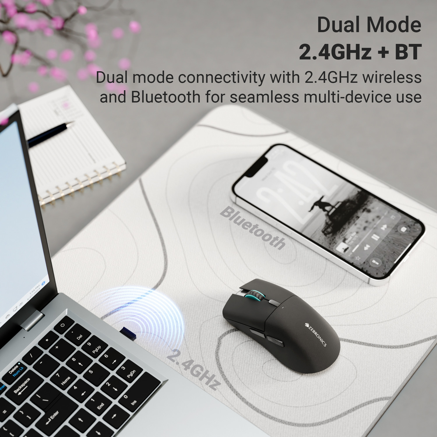 Image of ZEBRONICS ZEB-BLANC 100 (Black) Ergonomic Optical Mouse Rechargeable, 2400 DPI, 6 Buttons, Type-C Charging USB Dongle With Bluetooth