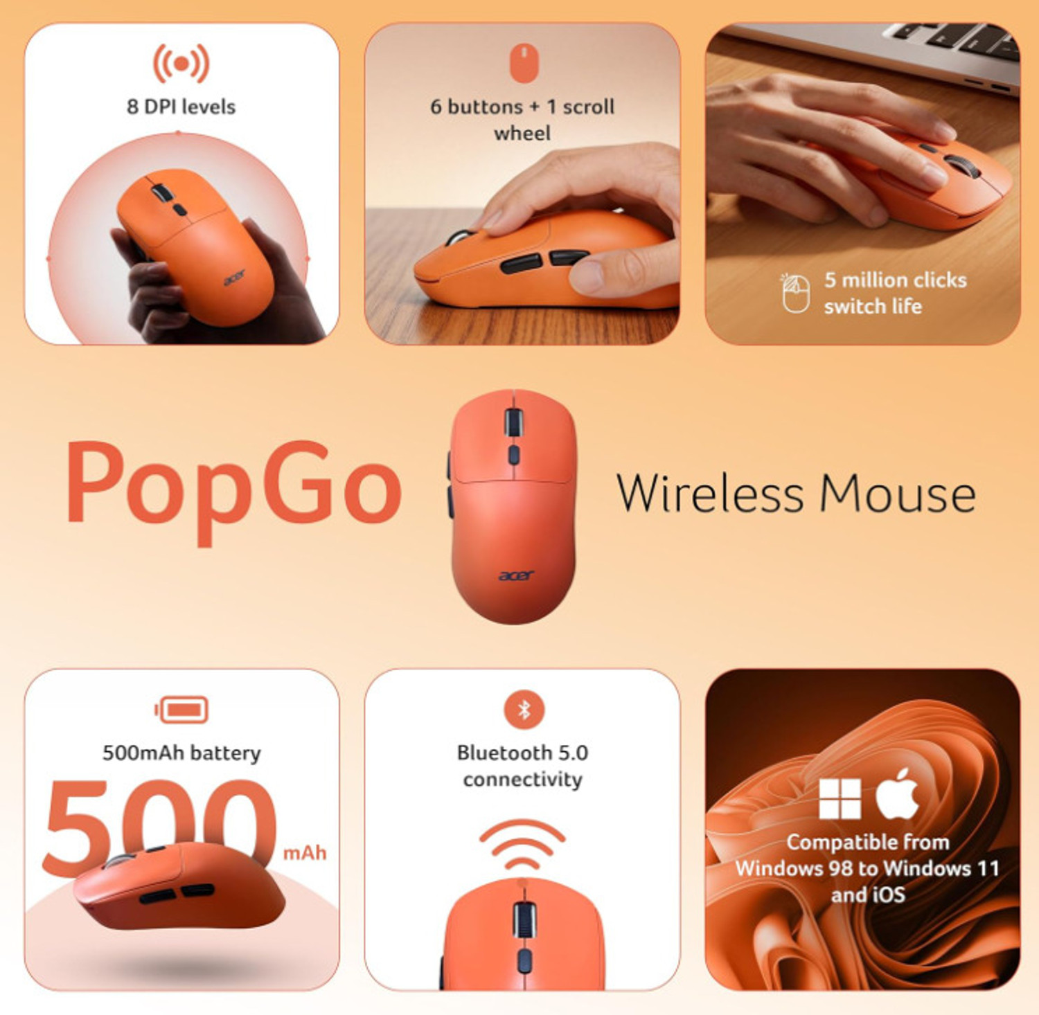 Image of Acer PopGo Wireless Mouse Wireless Ambidextrous Optical Mouse