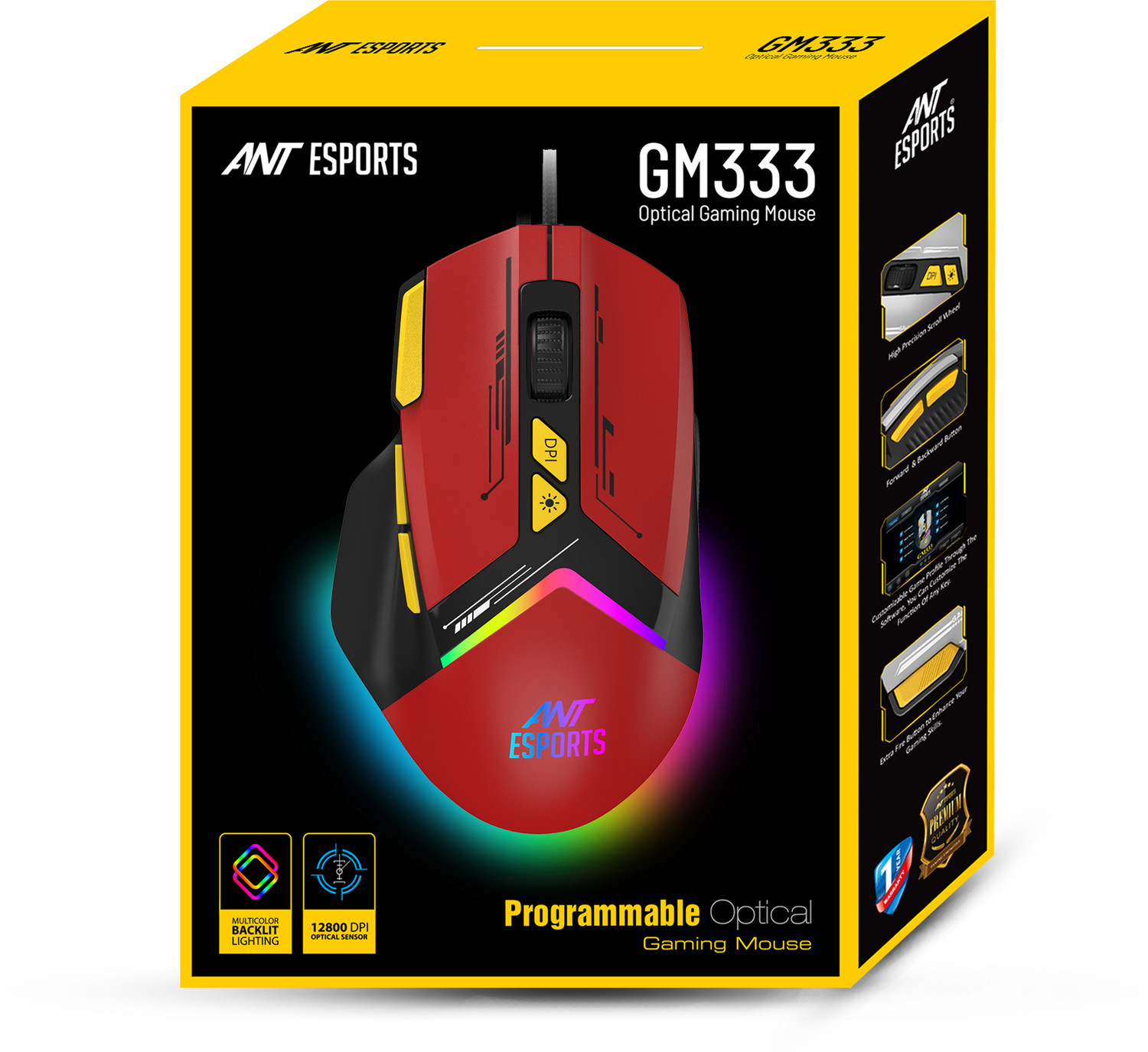 Image of Ant Esports GM333 Wired Ergonomic Optical Gaming Mouse RGB 12800 DPI,1.5M Braided Cable