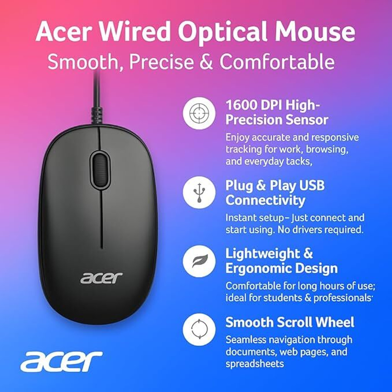 Image of Acer Wired Optical Mouse | 1600 DPI Precision | Plug & Play USB | Smooth Scroll Wheel Wired Ergonomic Optical Mouse