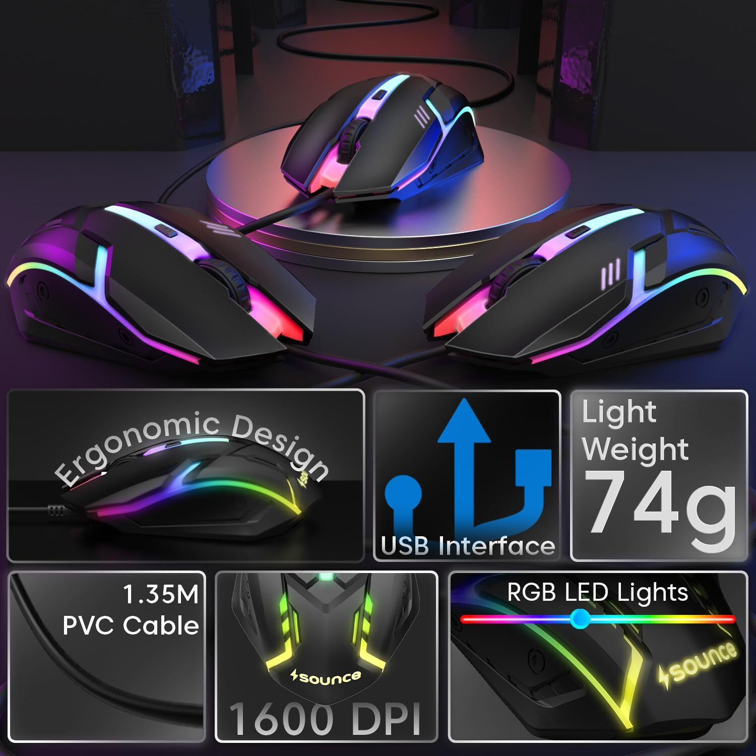 Image of sounce Wired Gaming Mouse USB 4 Level DPI RGB Optical Sensor for Laptop and PC Wired Right Handed Optical Gaming Mouse