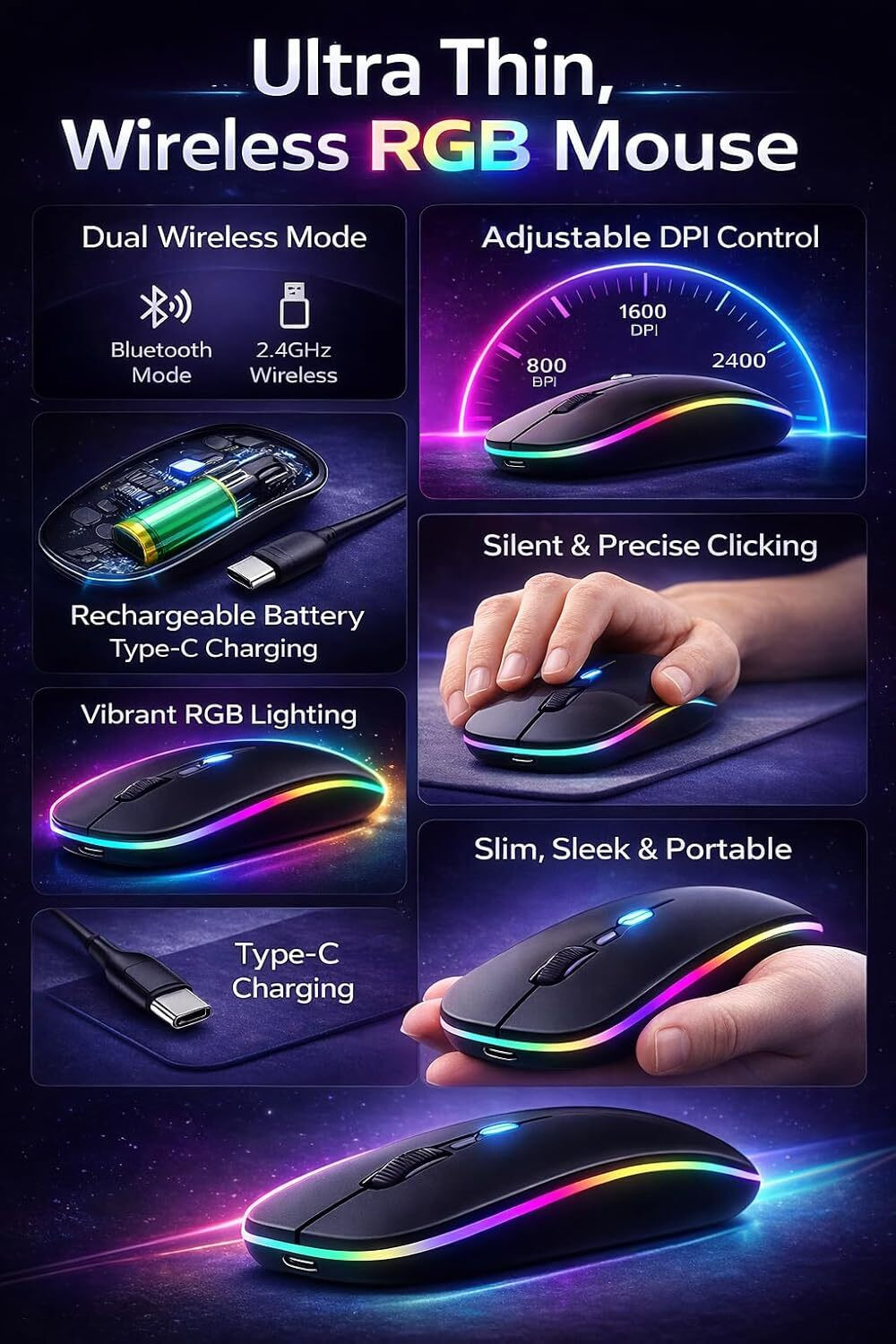 Image of ZENONIX Zen-Slim Wireless Mouse with Rechargeable Battery, BT + 2.4GHz, 4 Buttons Right Handed Hybrid Gaming Mouse