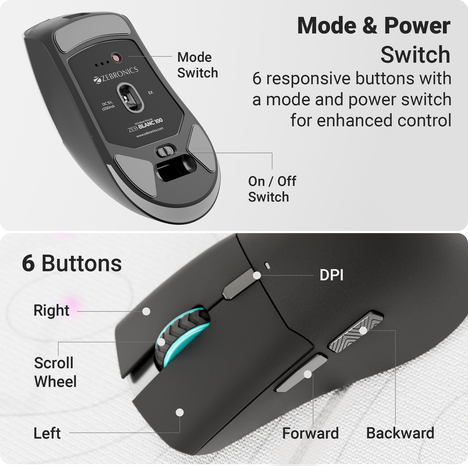 Image of ZEBRONICS ZEB-BLANC 100 (Black) Ergonomic Optical Mouse Rechargeable, 2400 DPI, 6 Buttons, Type-C Charging USB Dongle With Bluetooth