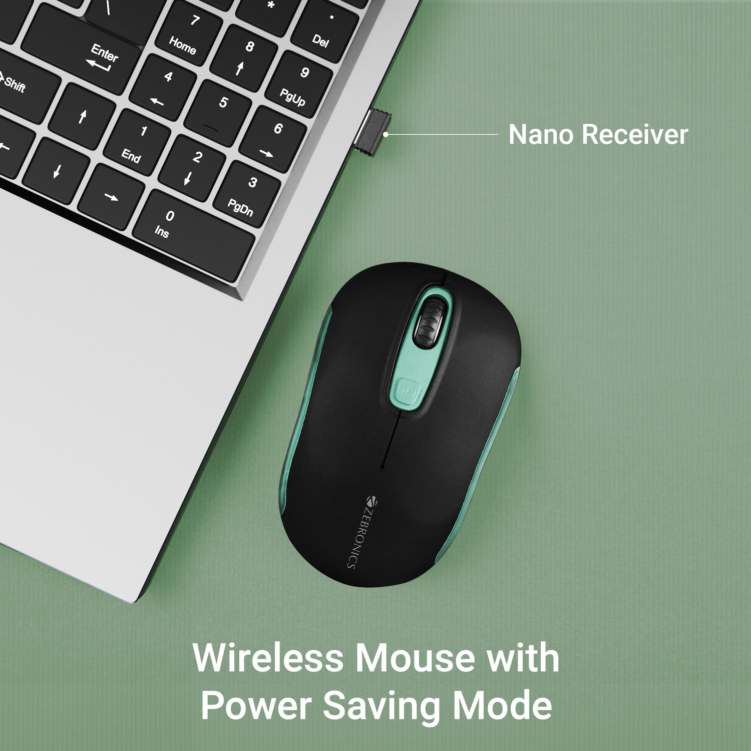 Image of ZEBRONICS Zeb - DASH PRO (GREEN) Ambidextrous Optical Mouse Wireless Mouse, 1600 DPI, 3-Level DPI, Lightweight, Power Saving