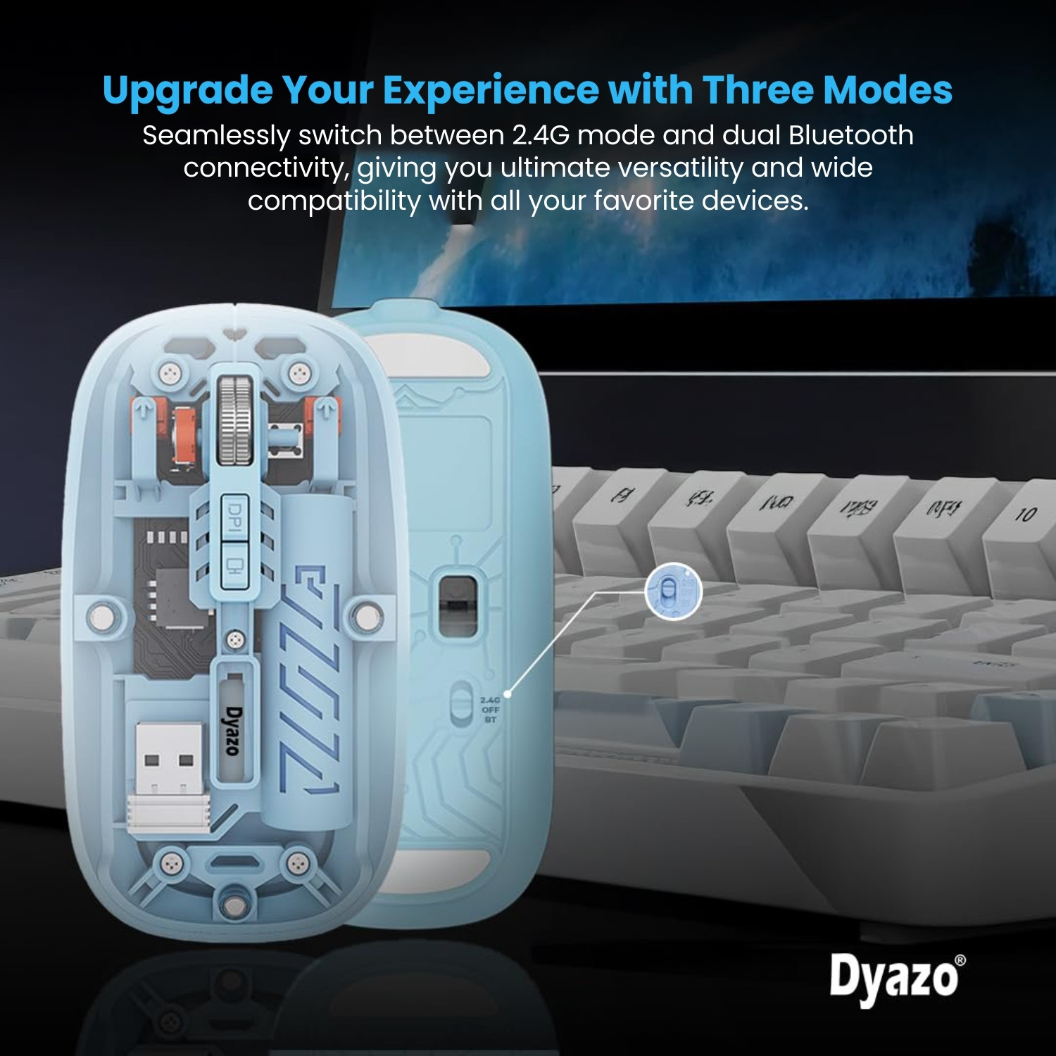 Image of Dyazo Plus Transparent Wireless Mouse | Adjustable DPI with Dual Mode | Rechargeable Ambidextrous Optical Gaming Mouse