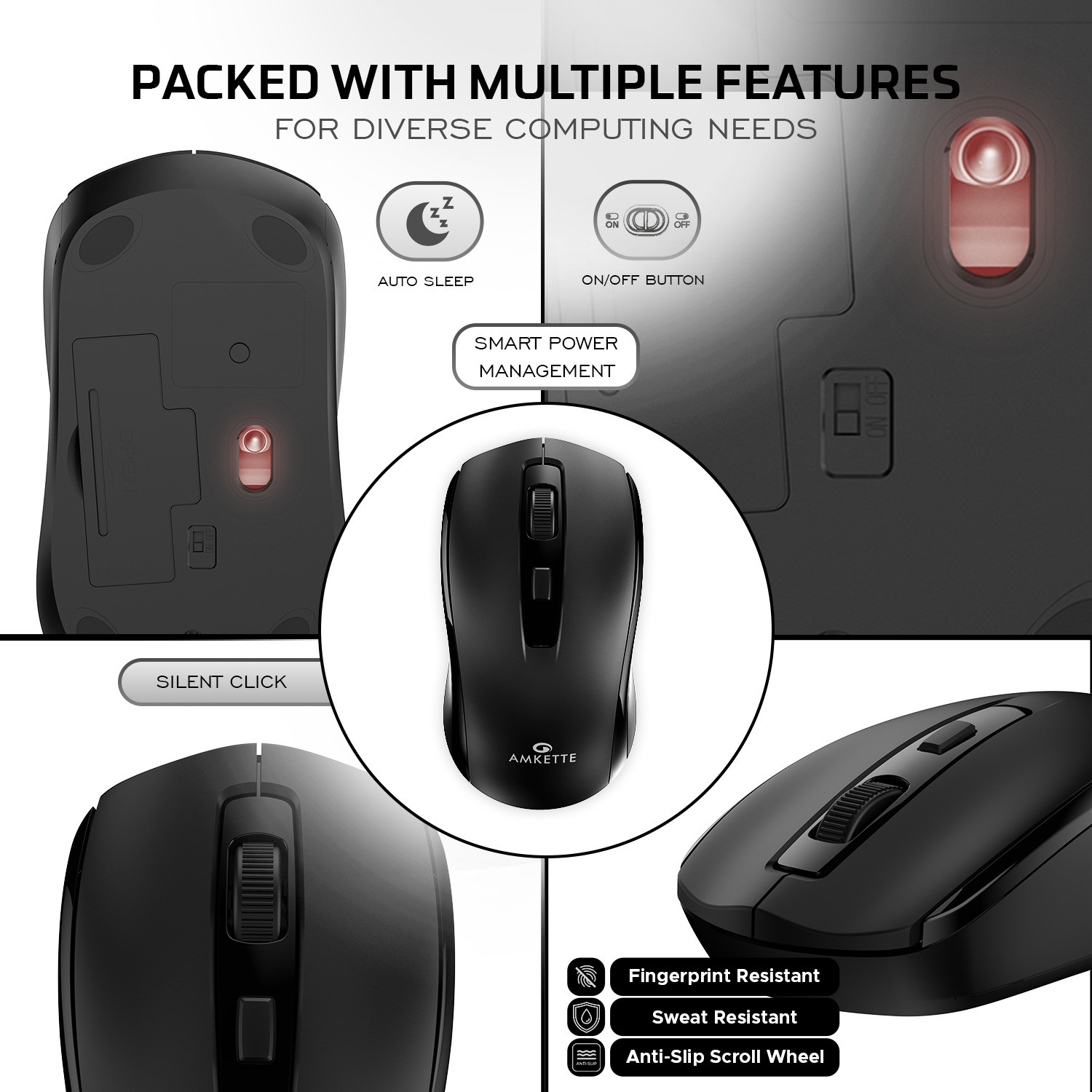 Image of AMKETTE Hush Pro Astra Silent Switch, 3 DPI Settings Ambidextrous Optical Mouse