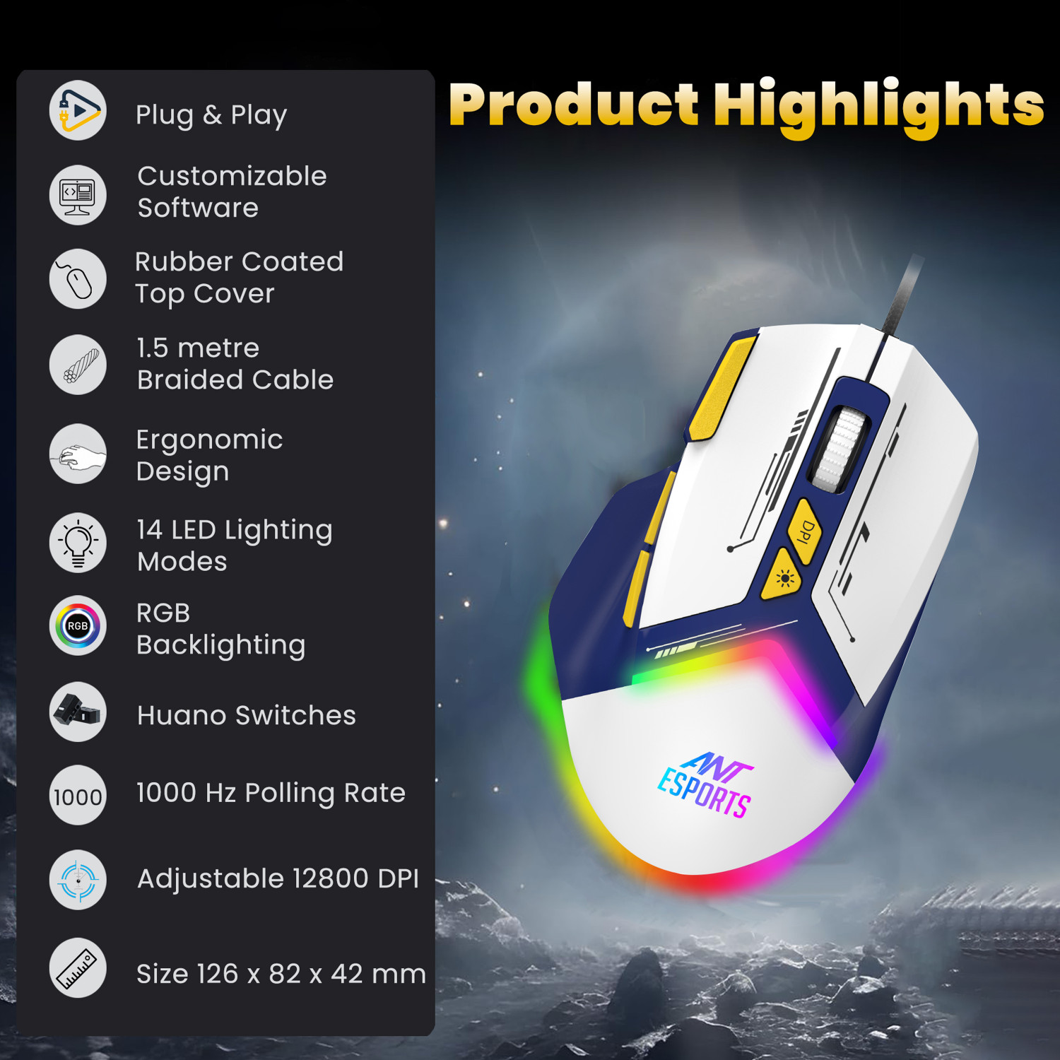 Image of Ant Esports GM333 Wired Ergonomic Optical Gaming Mouse RGB 12800 DPI,1.5M Braided Cable