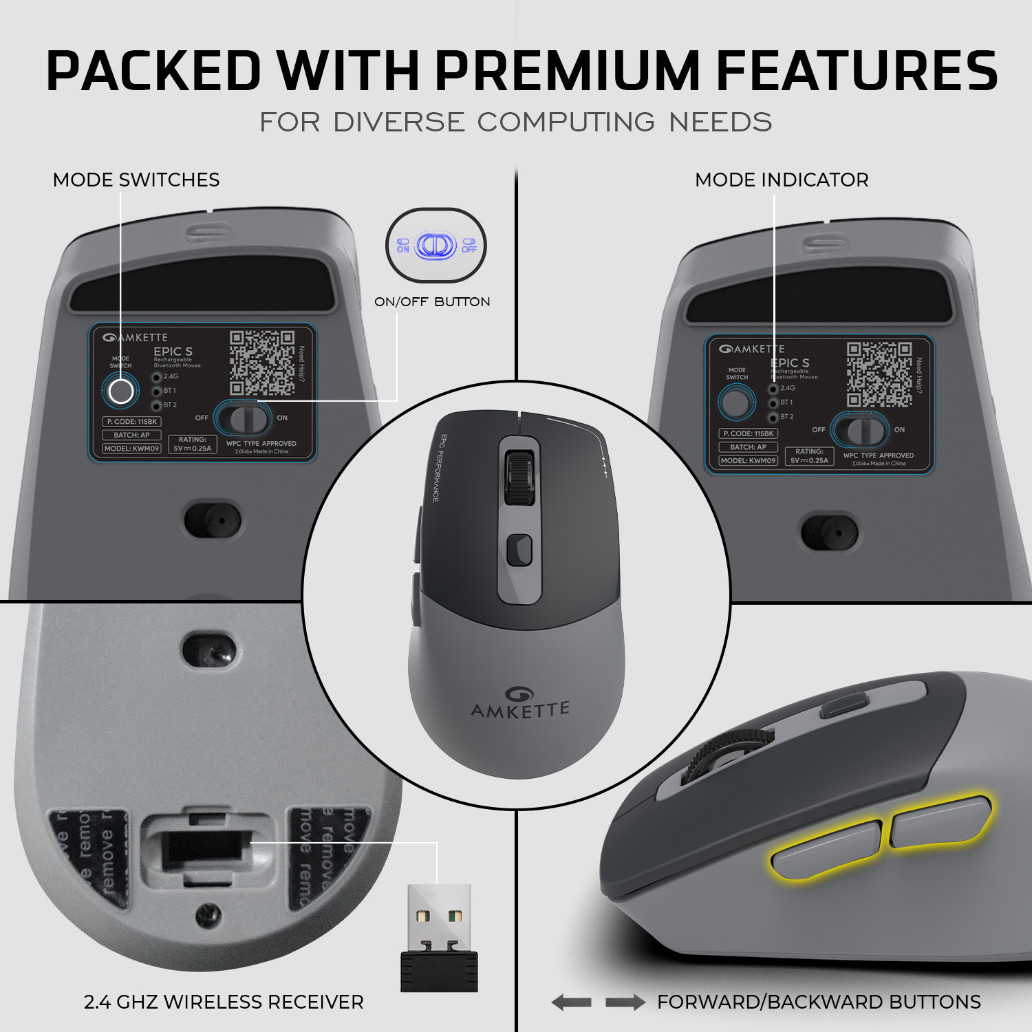 Image of AMKETTE Epic S Multi-Device 3200 DPI Rechargeable Ergonomic Optical Mouse