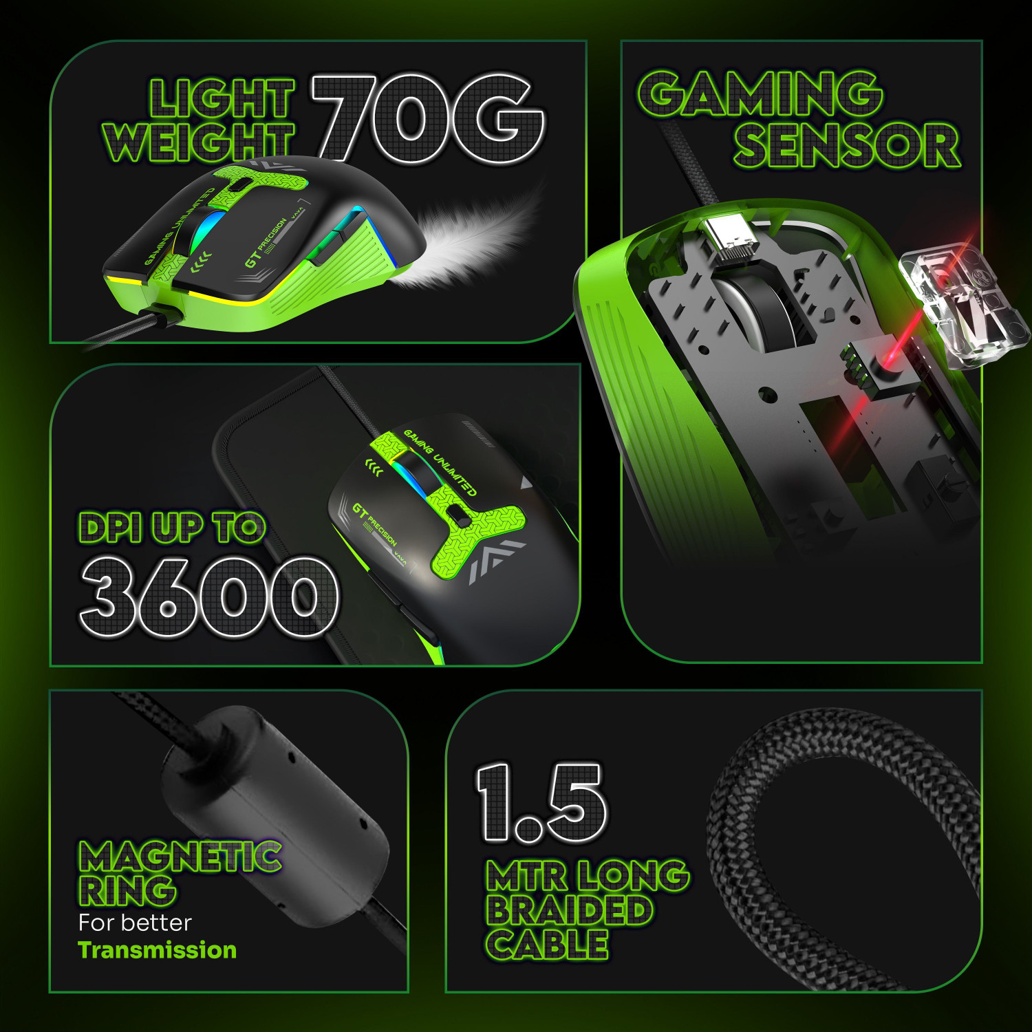 Image of SpinBot Clutch GT500 Wired Ergonomic Optical Gaming Mouse 3600 DPI Gaming Sensor|6 Button|Rainbow Breathing effect|70gm