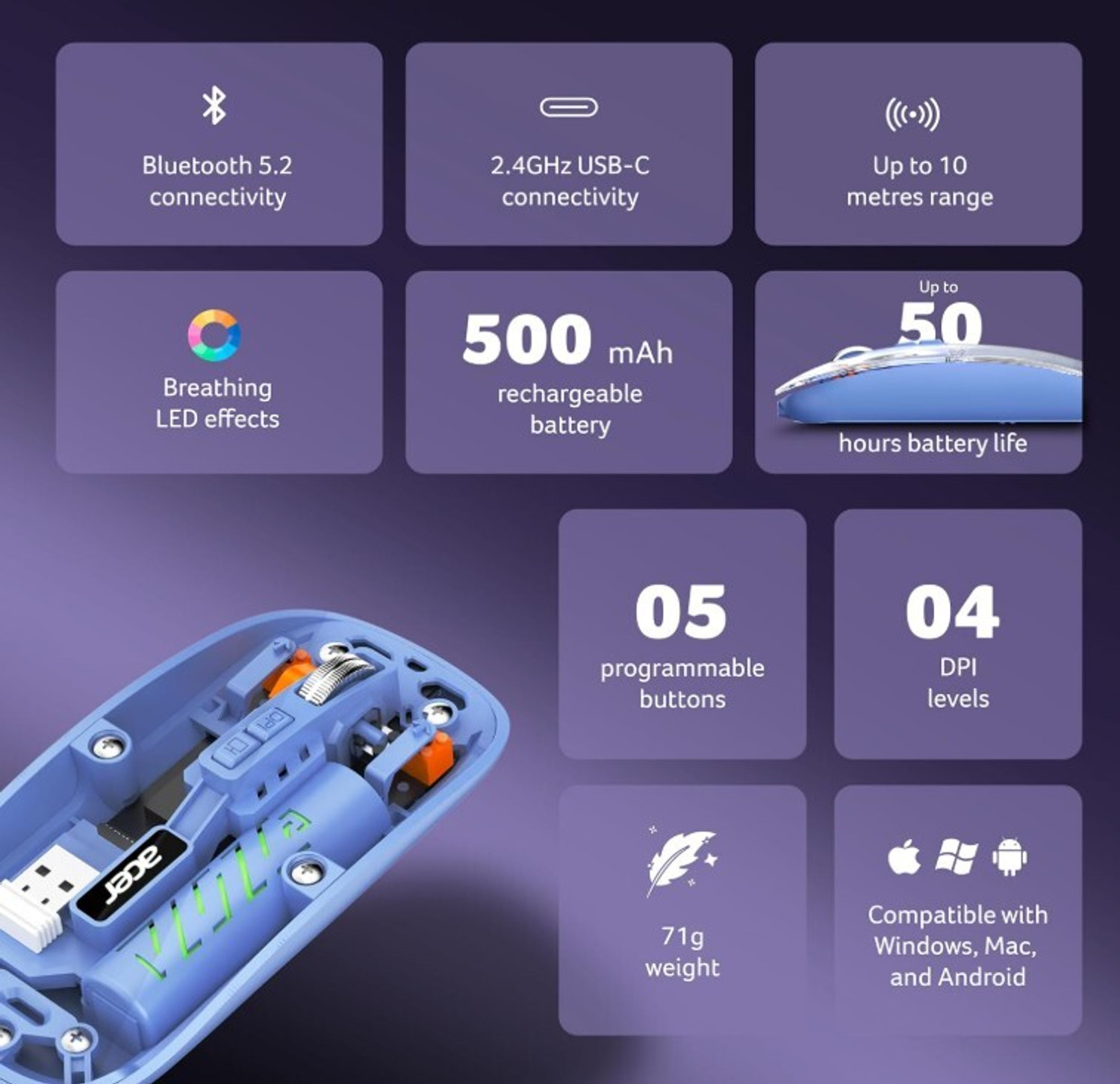 Image of Acer Clearview Transparent Ambidextrous Optical Gaming Mouse With Bluetooth