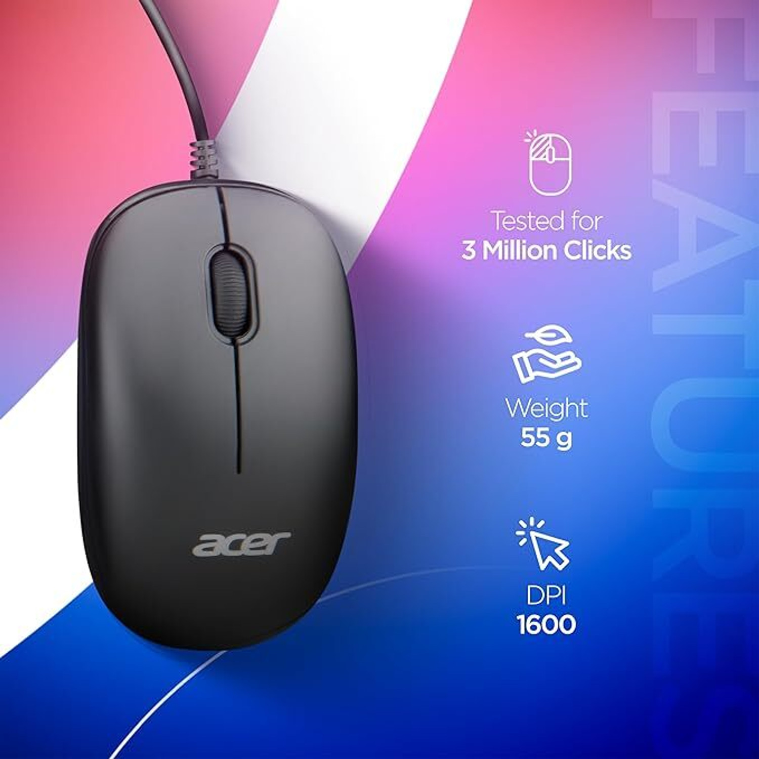 Image of Acer Wired Optical Mouse | 1600 DPI Precision | Plug & Play USB | Smooth Scroll Wheel Wired Ergonomic Optical Mouse
