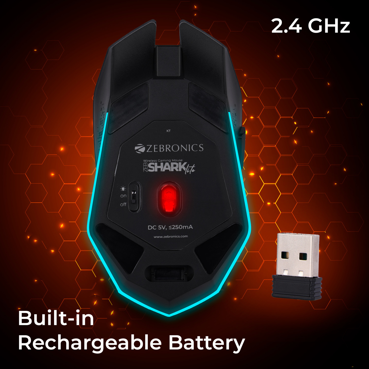 Image of ZEBRONICS Shark Lite Wireless Ambidextrous Optical Gaming Mouse 4600 DPI, RGB, 6 Buttons, Ergonomic Rechargeable
