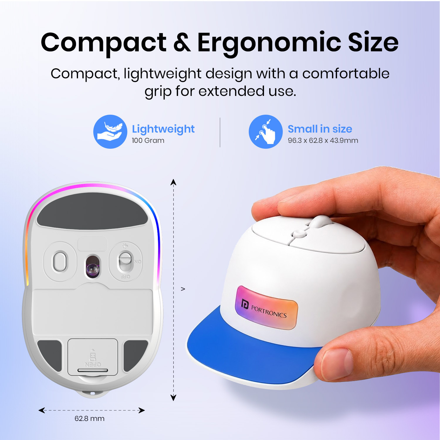 Image of Portronics Toad Cap Wireless Mouse with Bluetooth 5.0 + 2.4GHz Dual Mode & RGB Ambidextrous Optical Mouse