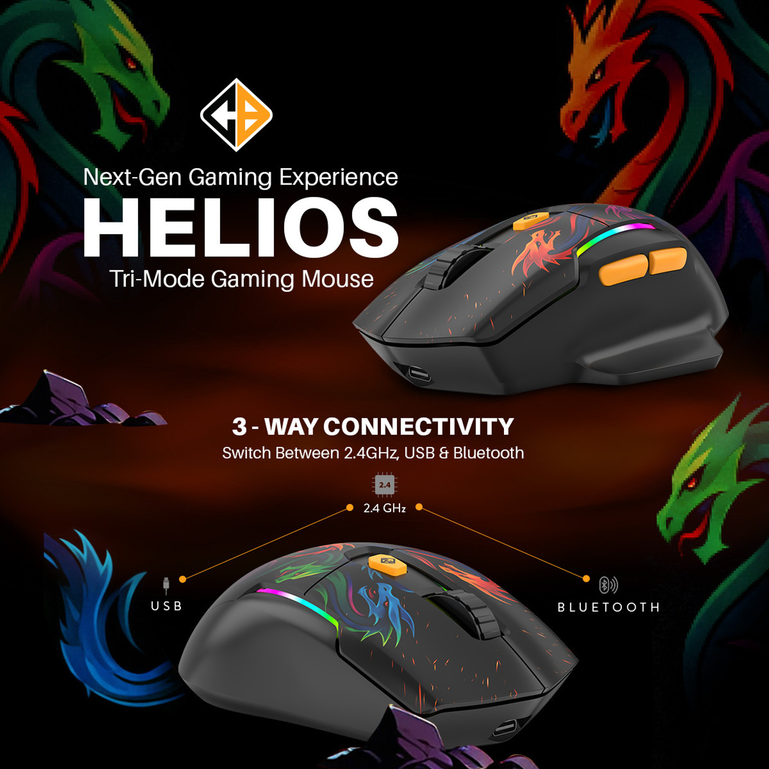 Image of Cosmic Byte Helios Wireless Tri Mode Mouse Right Handed Optical Gaming Mouse