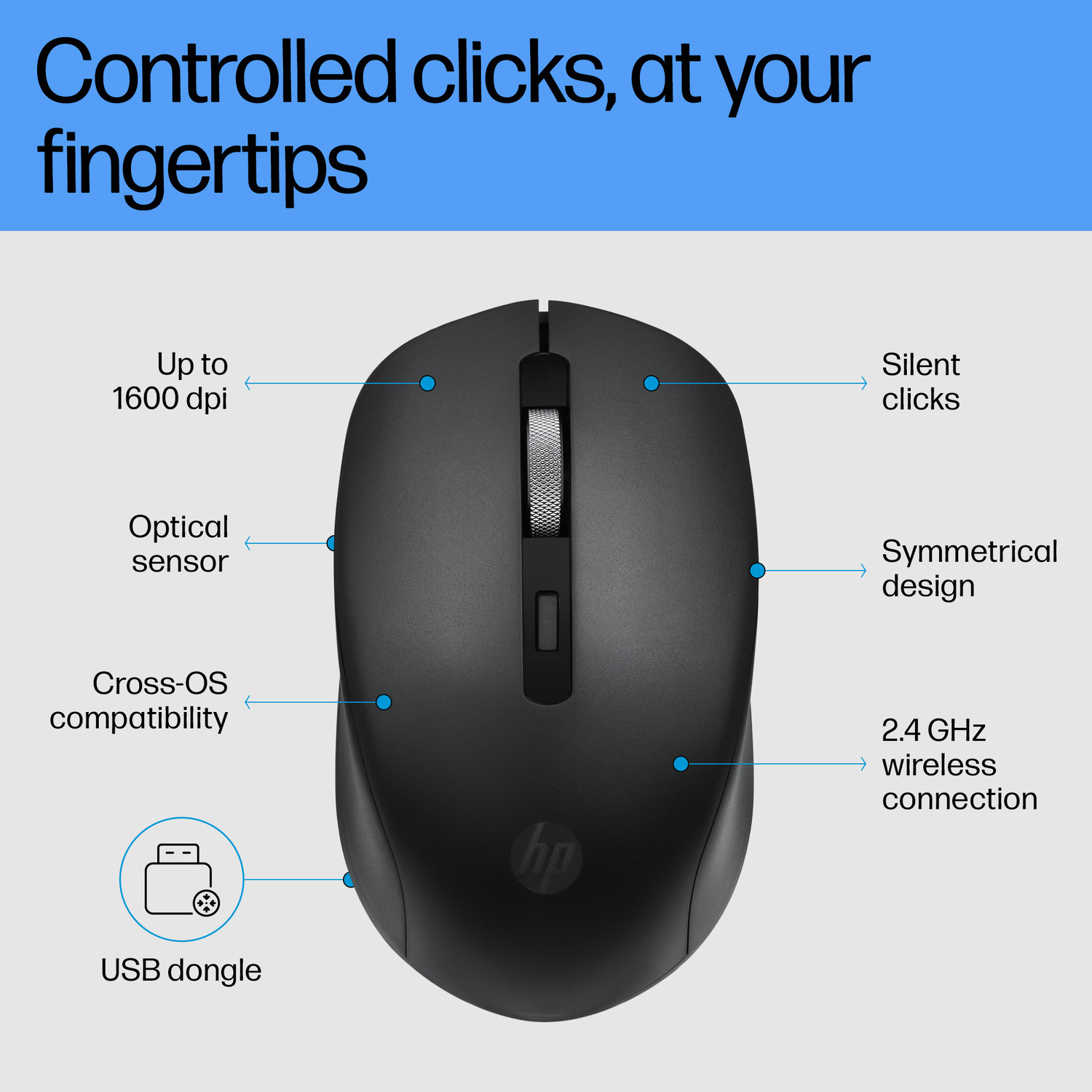 Image of HP S1000 Ambidextrous Optical Mouse Silent / Lightweight, upto 1600 DPI With Bluetooth