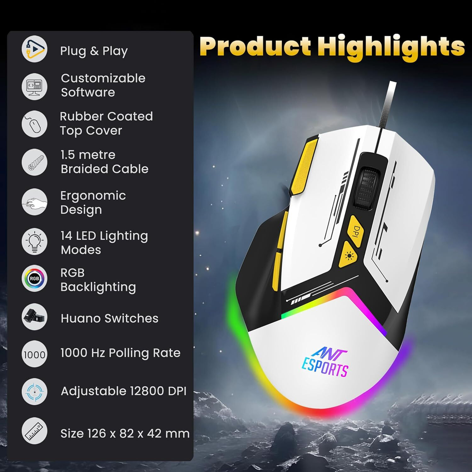 Image of Ant Esports GM333 Wired Ergonomic Optical Gaming Mouse RGB 12800 DPI,1.5M Braided Cable