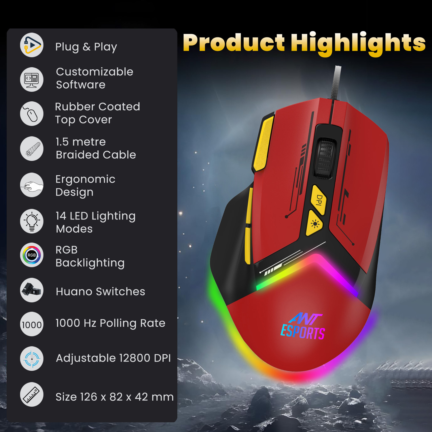 Image of Ant Esports GM333 Wired Ergonomic Optical Gaming Mouse RGB 12800 DPI,1.5M Braided Cable