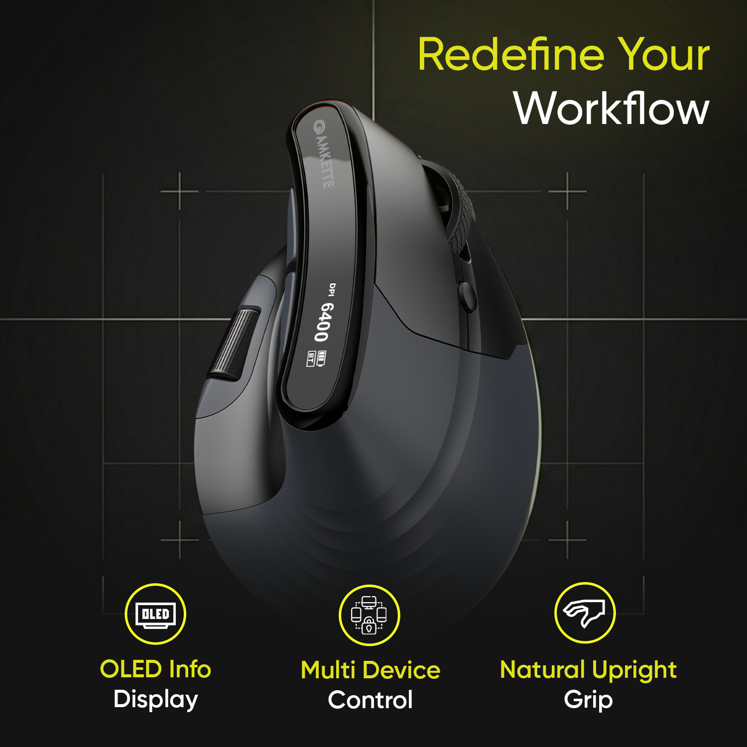 Image of AMKETTE XS Series Natural Plus Programmable Multi-Device 6400 DPI Rechargeable Ergonomic Optical Mouse
