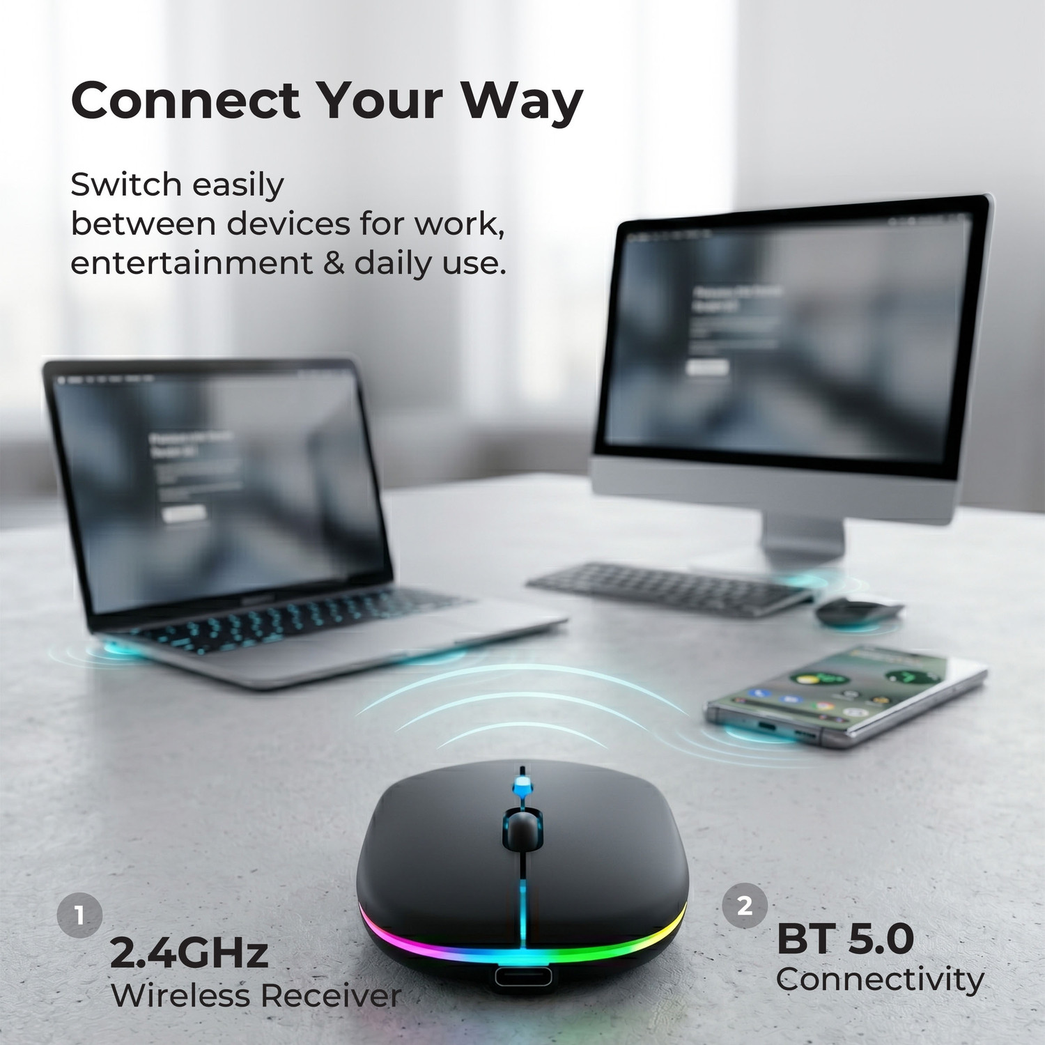 Image of Frontech Dual Connectivity Wireless Mouse | RGB | 1600 DPI | 400mAh Rechargeable Battery Ambidextrous Optical Mouse