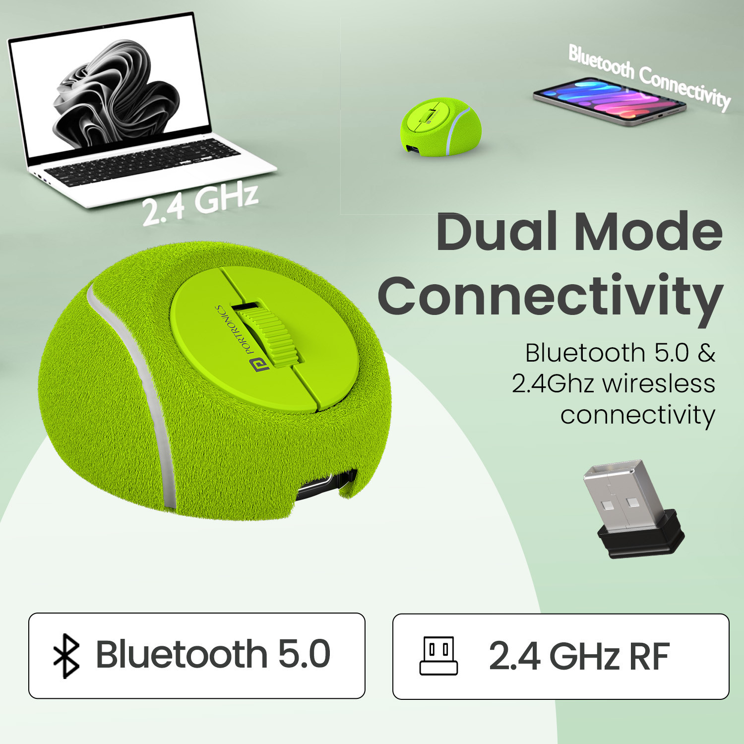 Image of Portronics ToadPlay Tennis Mini Wireless Mouse,Dual Wireless Connectivity, Rechargeable Ergonomic Optical Mouse (2.4GHz Wireless, Bluetooth, Green)