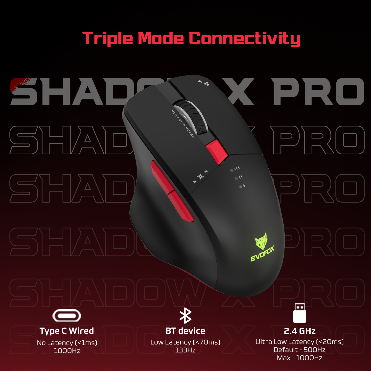 Image of EVOFOX Shadow X Pro Wireless Ergonomic Optical Gaming Mouse Tri-Mode 6400 DPI, 6 Programmable Buttons, Rechargeable With Bluetooth