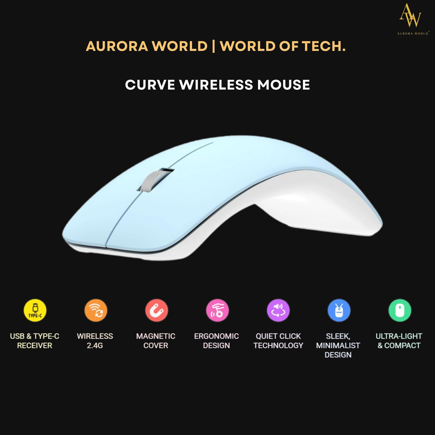 Image of Aurora World Curve Wireless Mouse with USB-A & USB-C -1026 Ergonomic Optical Mouse (2.4GHz Wireless, Blue)