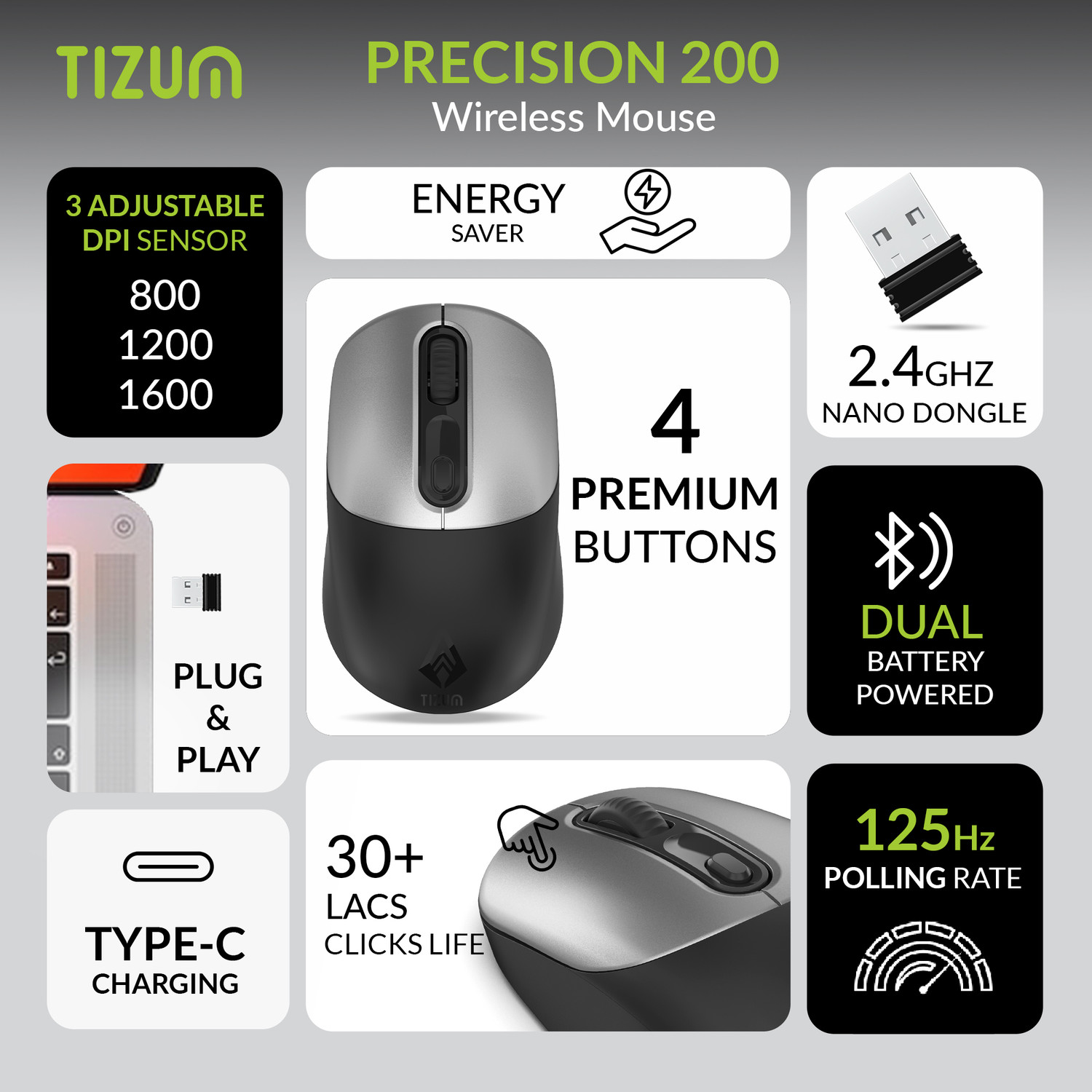 Image of Tizum Archer Tech Lab Bluetooth Wireless Mouse with BT 5.0 /3.0 & 2.4GHz USB Receiver Ambidextrous Optical Gaming Mouse With Bluetooth