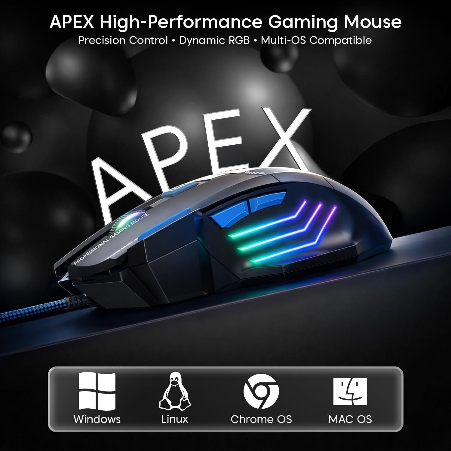 Image of sounce Apex Wired Ergonomic Optical Gaming Mouse with 7200 DPI Precision Optical Sensor, 7 Programmable Buttons, RGB LED Modes, Braided Cable and� � Comfortable Design