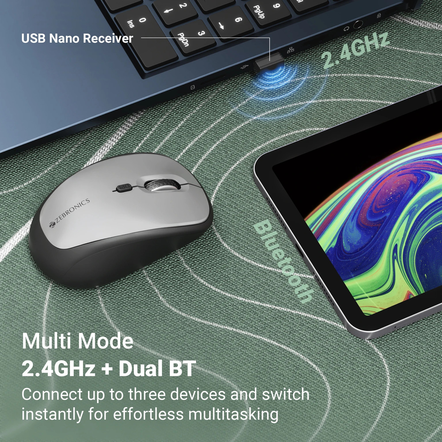 Image of ZEBRONICS Pulse Wireless Mouse, Dual Mode (Bluetooth), 1600 DPI, 4 Buttons, Ambidextrous Optical Mouse