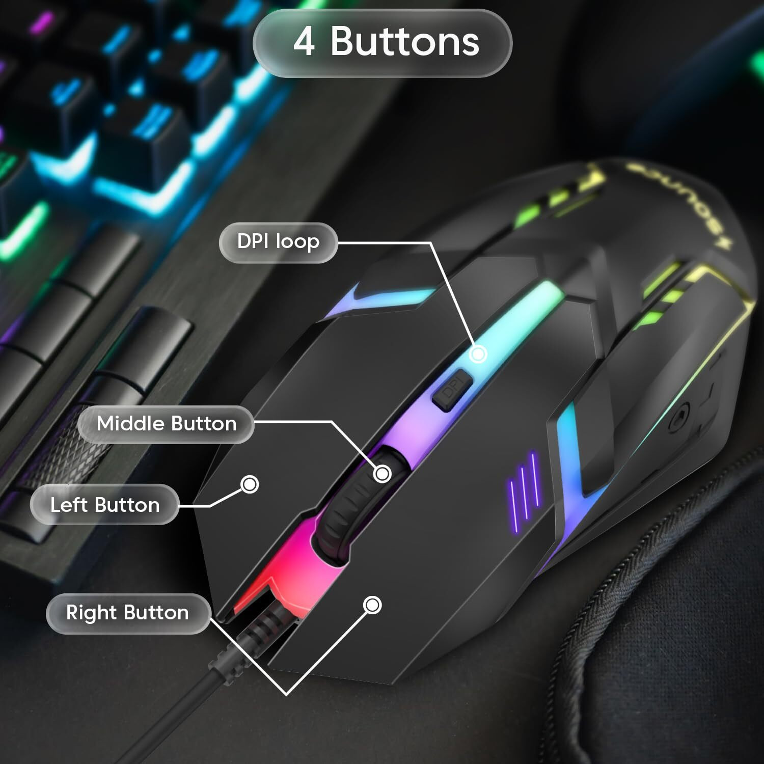 Image of sounce Wired Gaming Mouse USB 4 Level DPI RGB Optical Sensor for Laptop and PC Wired Right Handed Optical Gaming Mouse