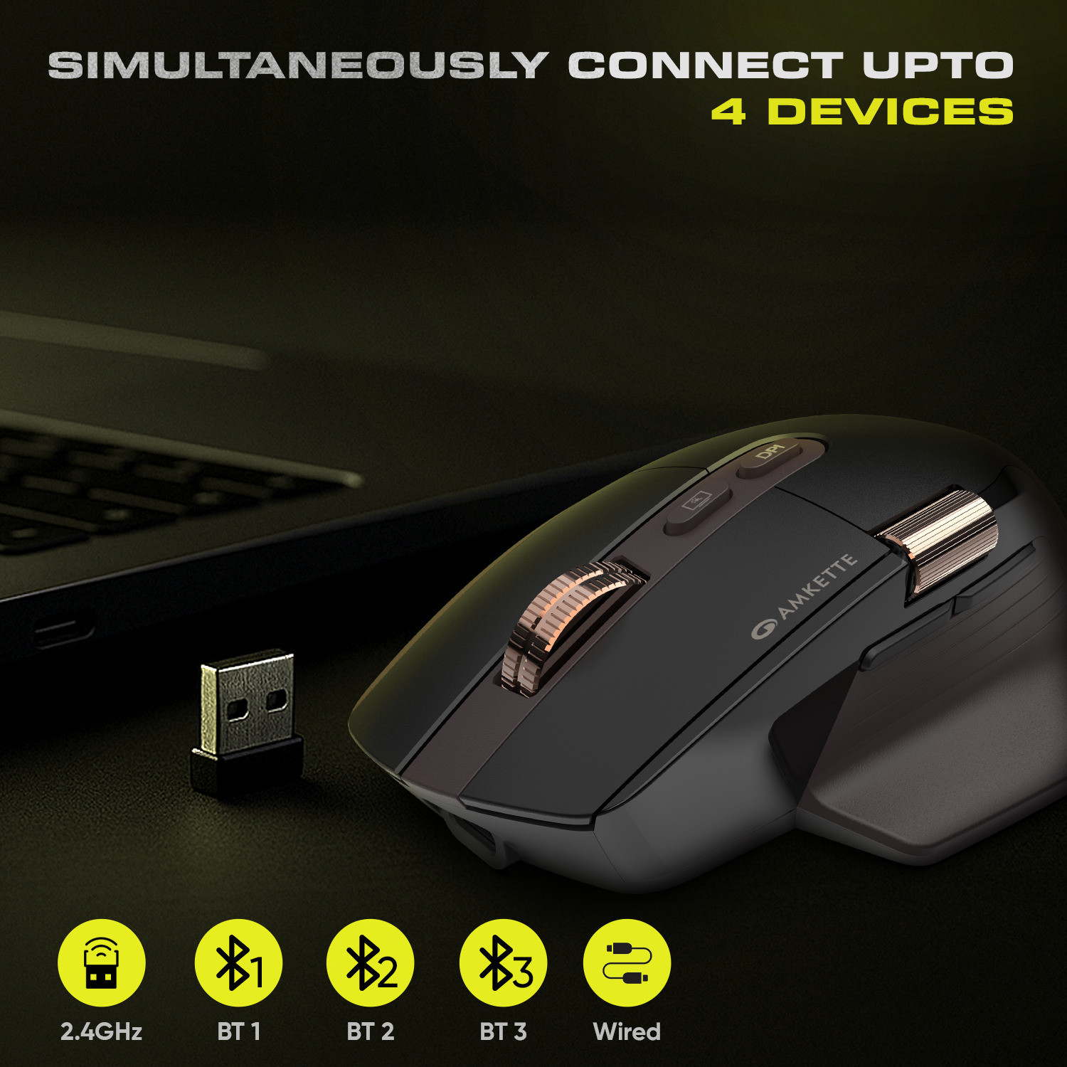Image of AMKETTE XS Series Flow 2 Speed Programmable Multi-Device 8000 DPI Rechargeable Ergonomic Optical Mouse